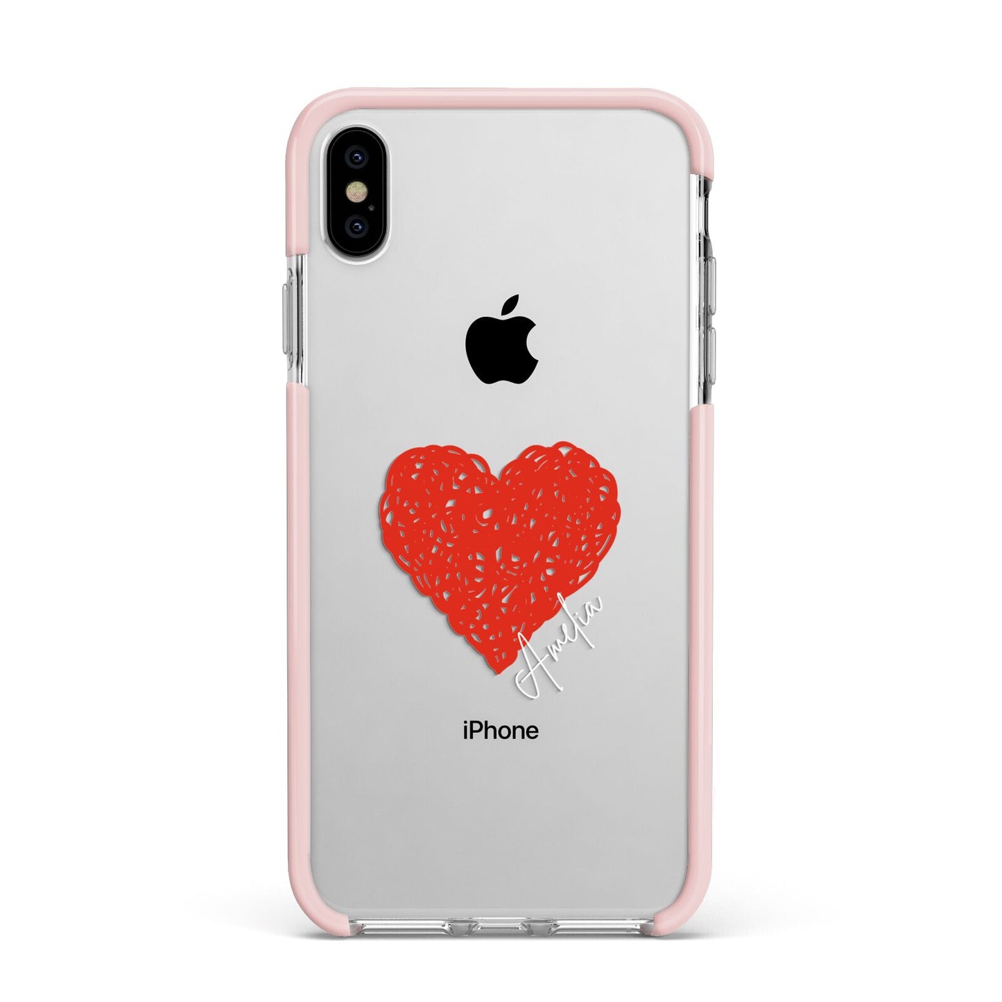 Custom Red Heart Apple iPhone Xs Max Impact Case Pink Edge on Silver Phone