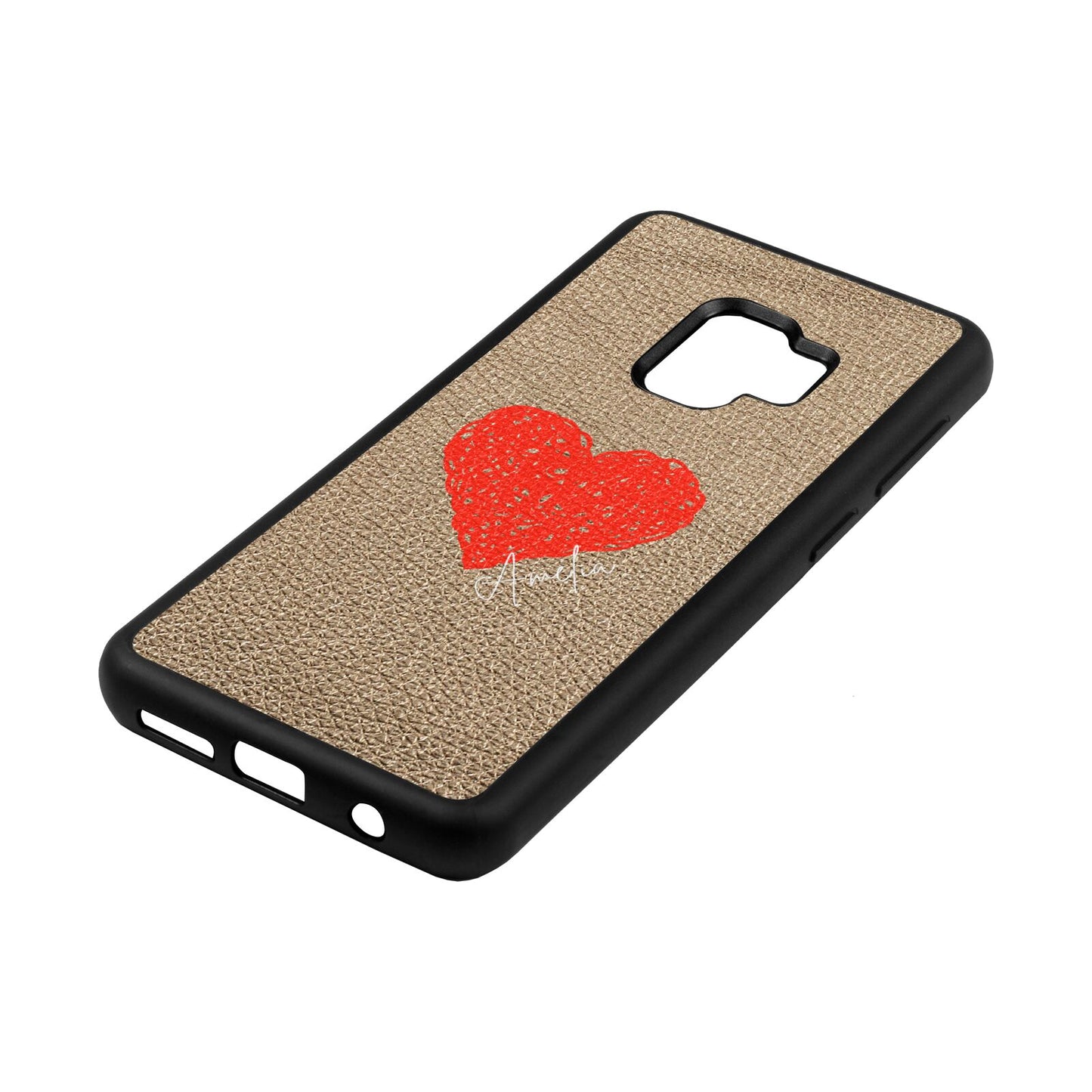 Custom Red Heart Gold Pebble Leather Samsung S9 Case Side Angle