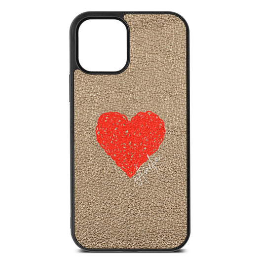 Custom Red Heart Gold Pebble Leather iPhone 12 Case