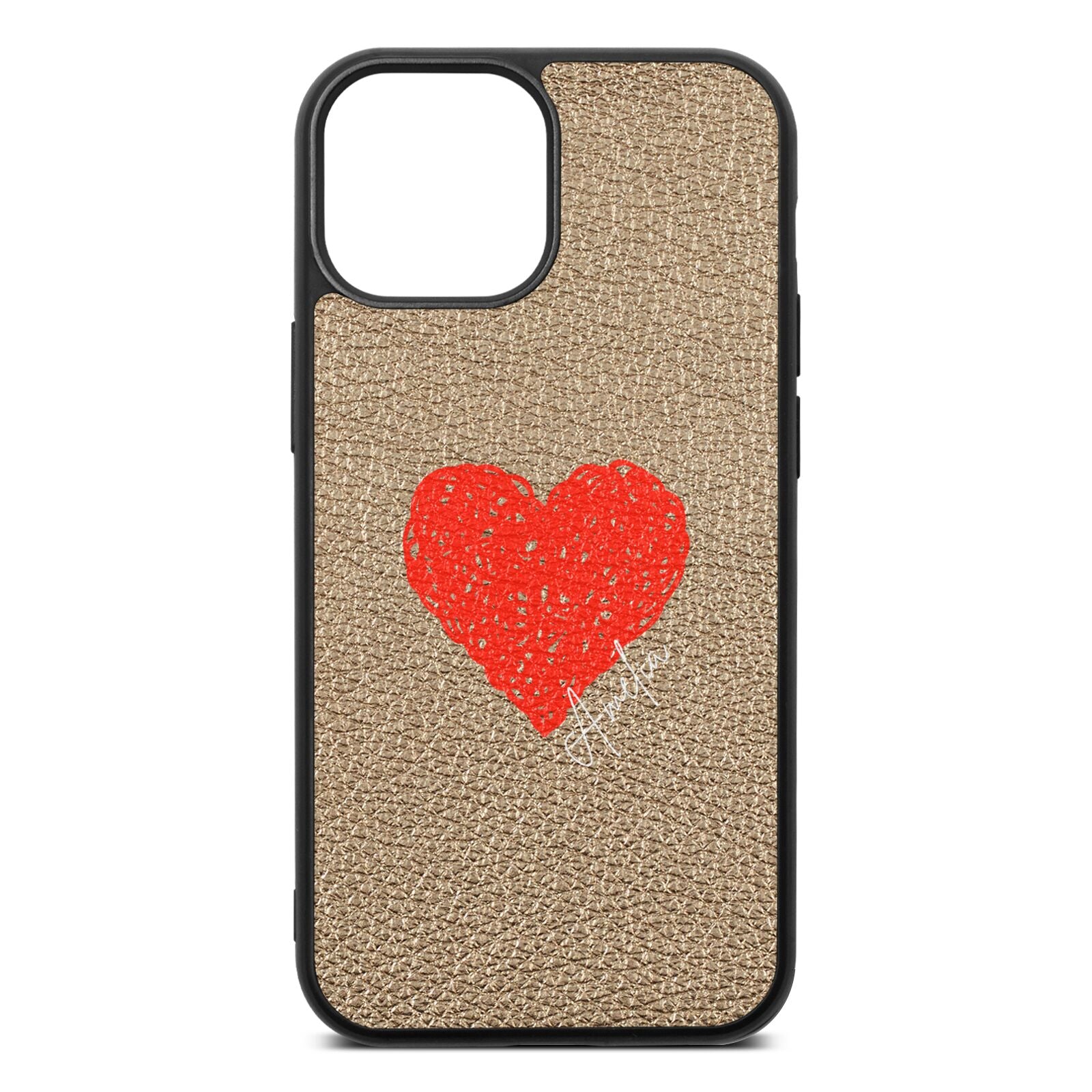 Custom Red Heart Gold Pebble Leather iPhone 13 Mini Case