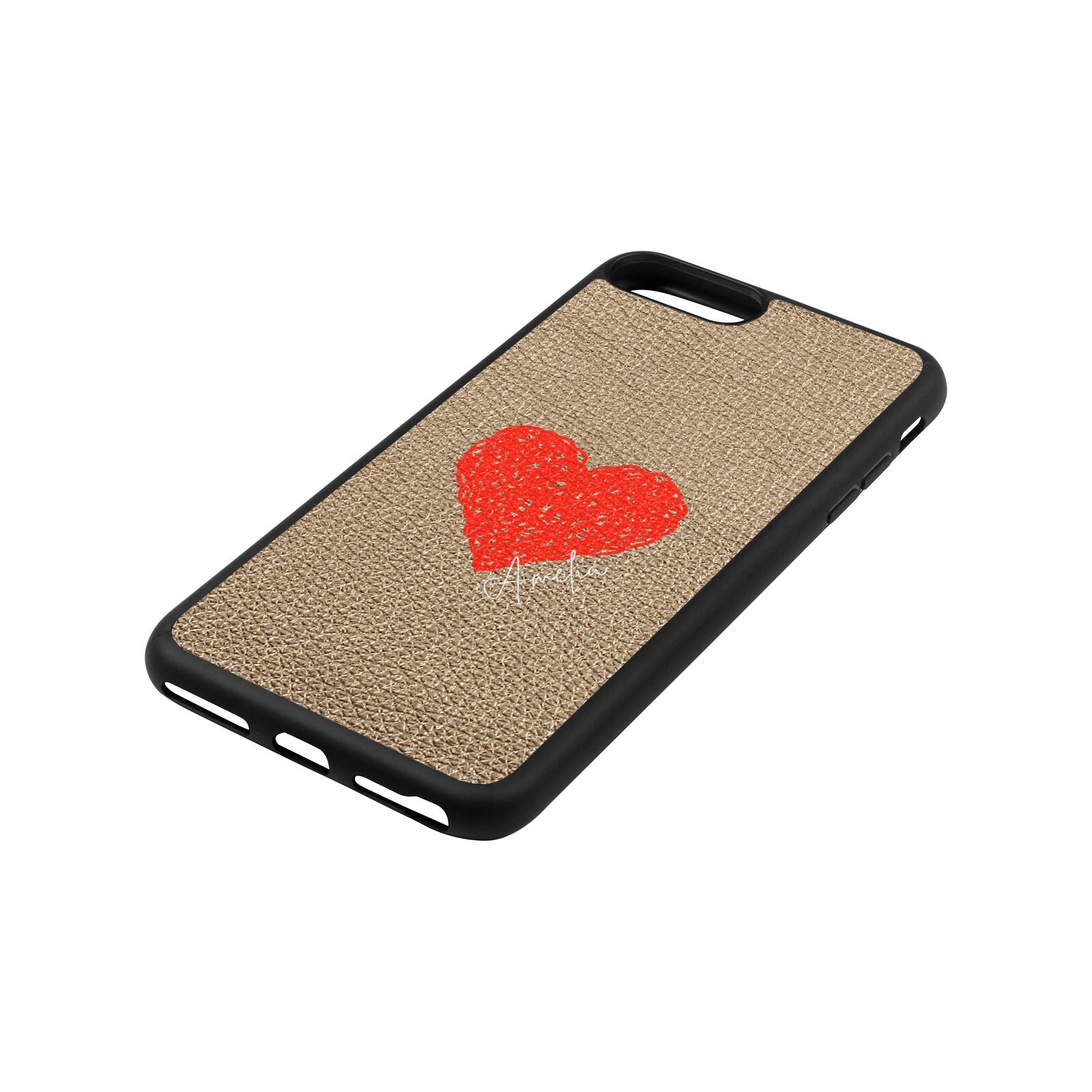 Custom Red Heart Gold Pebble Leather iPhone 8 Plus Case Side Angle