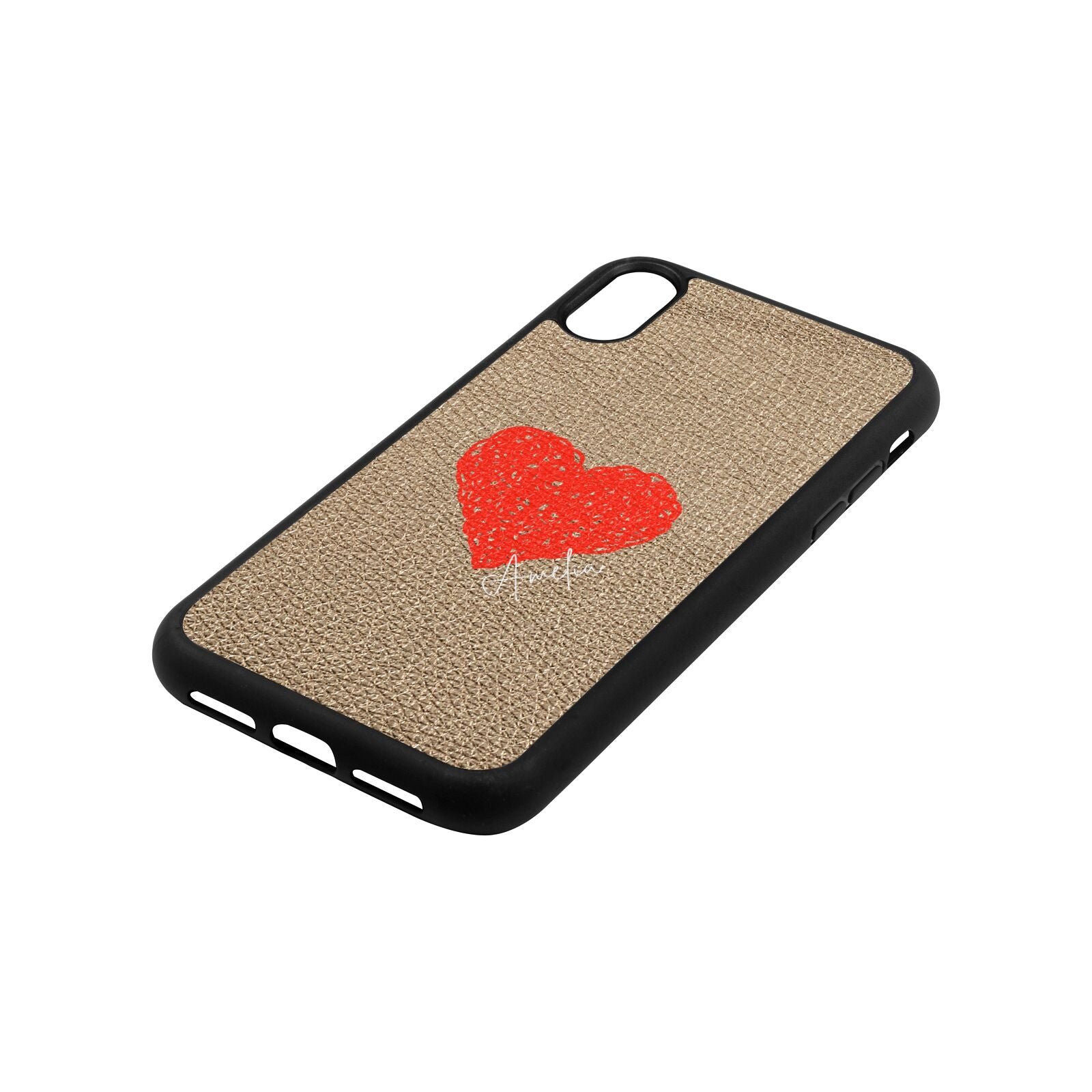 Custom Red Heart Gold Pebble Leather iPhone Xr Case Side Angle