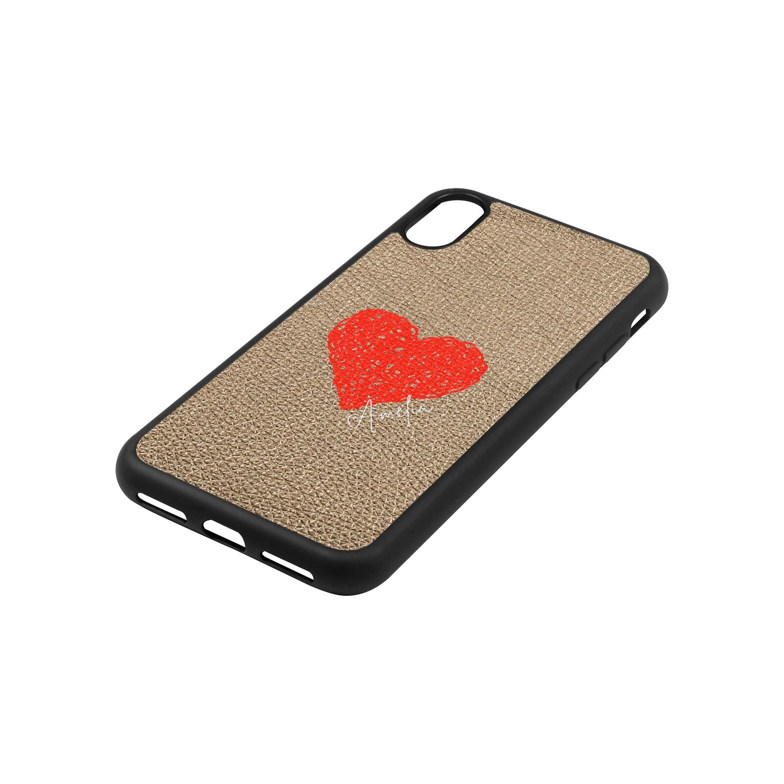 Custom Red Heart Gold Pebble Leather iPhone Xs Case Side Angle