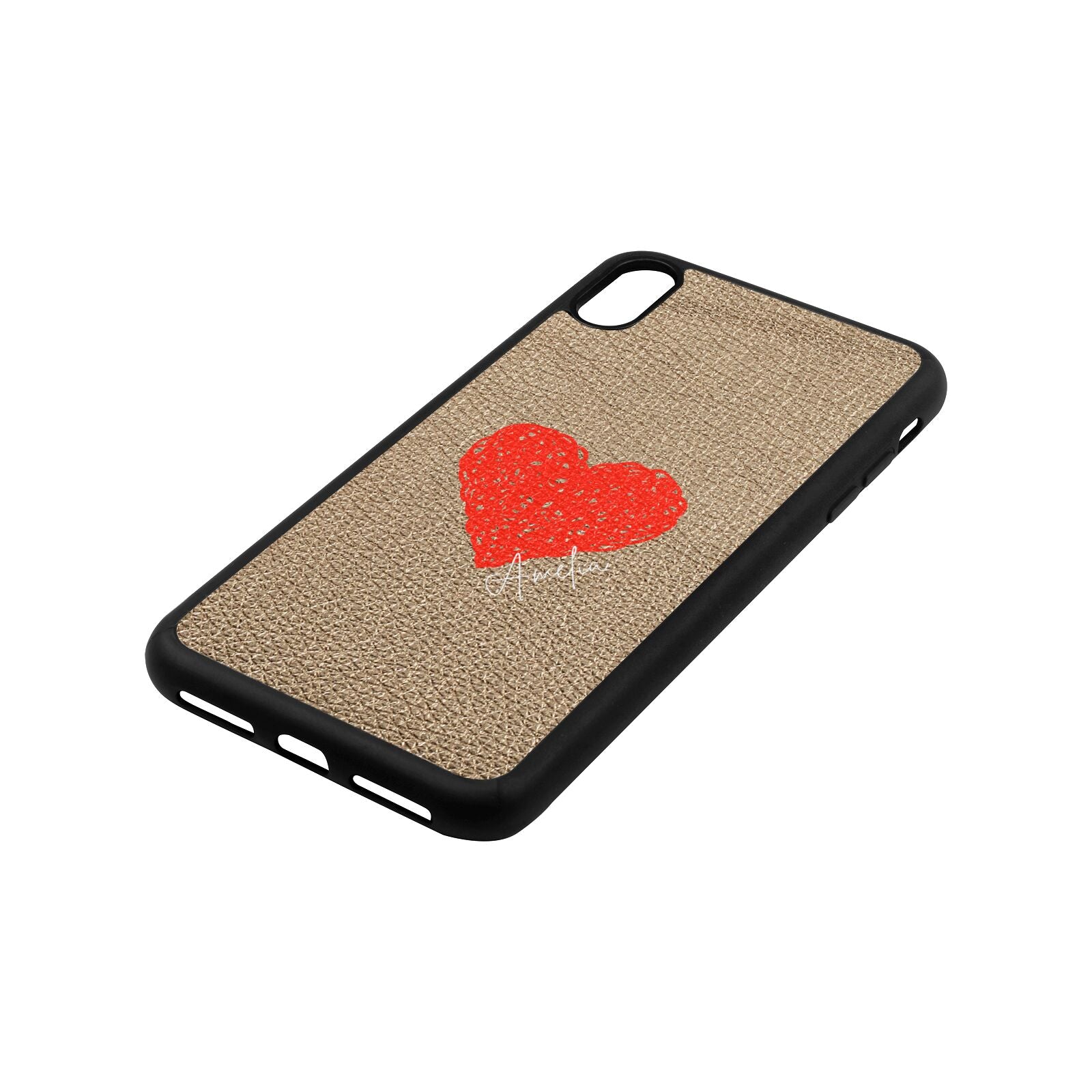 Custom Red Heart Gold Pebble Leather iPhone Xs Max Case Side Angle