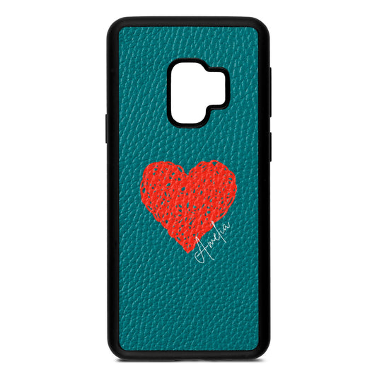 Custom Red Heart Green Pebble Leather Samsung S9 Case