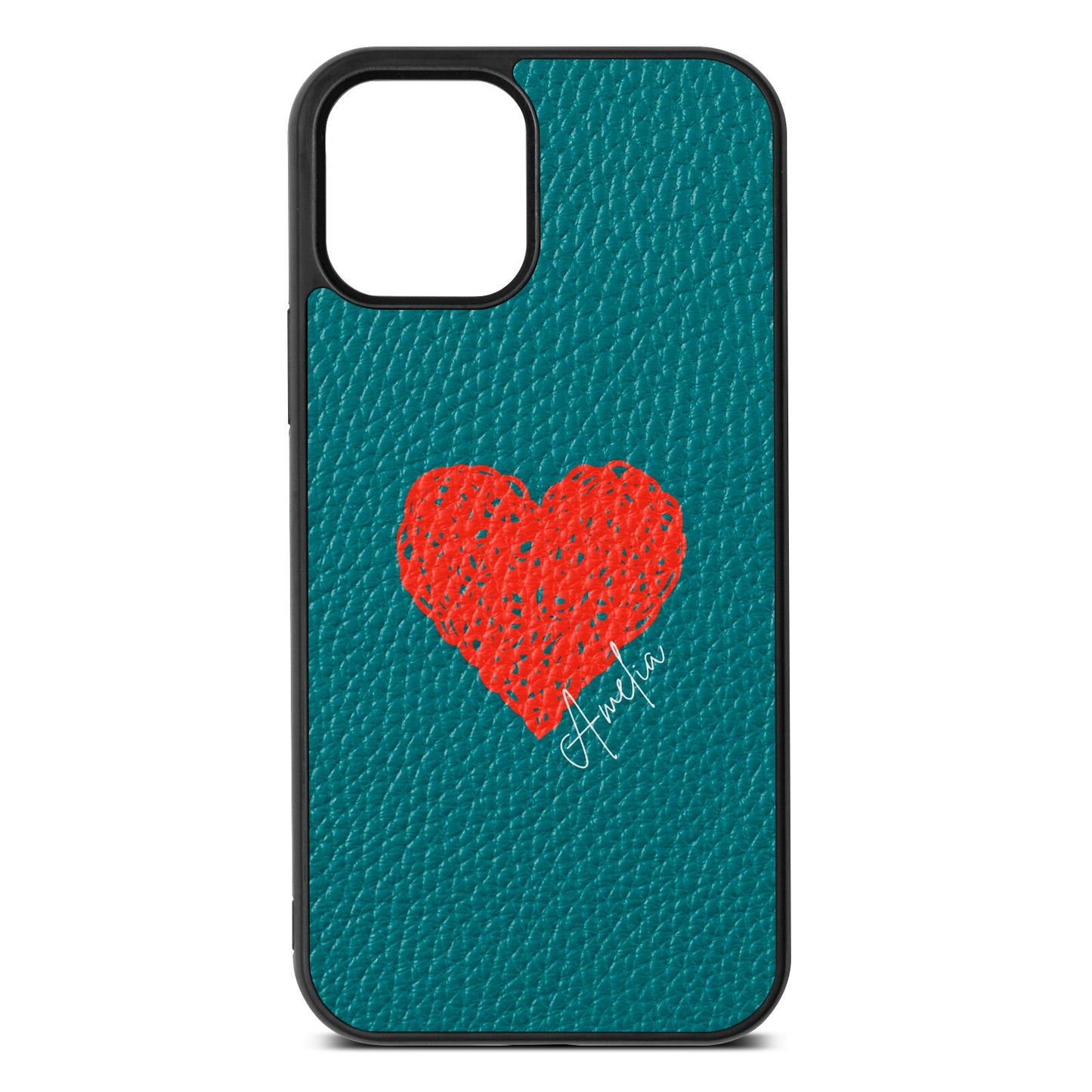 Custom Red Heart Green Pebble Leather iPhone 12 Case