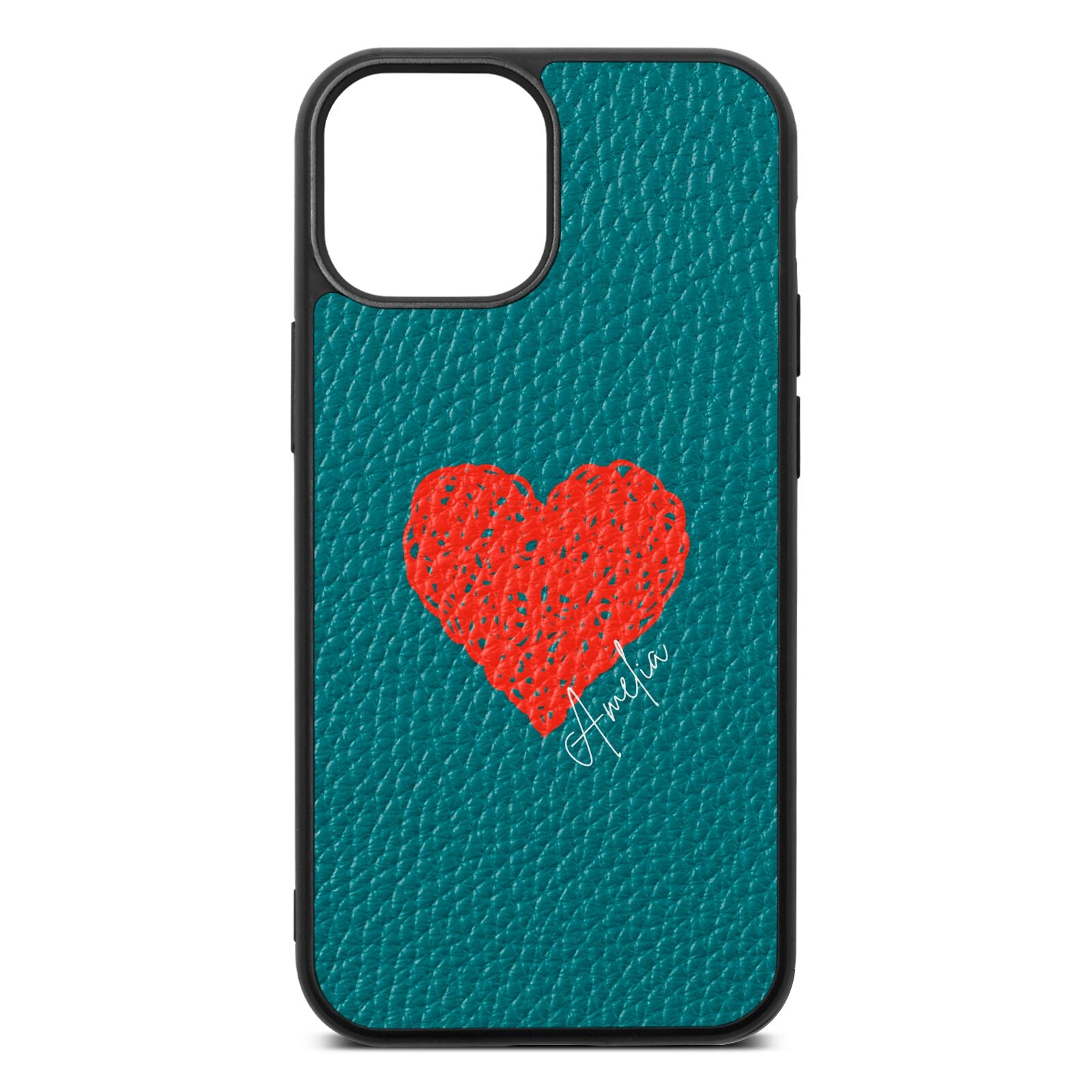 Custom Red Heart Green Pebble Leather iPhone 13 Mini Case