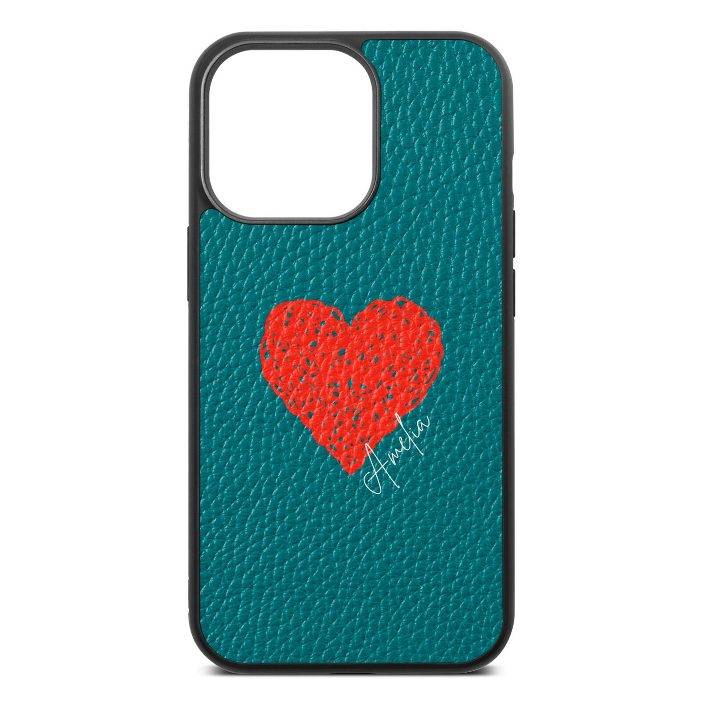 Custom Red Heart Green Pebble Leather iPhone 13 Pro Case