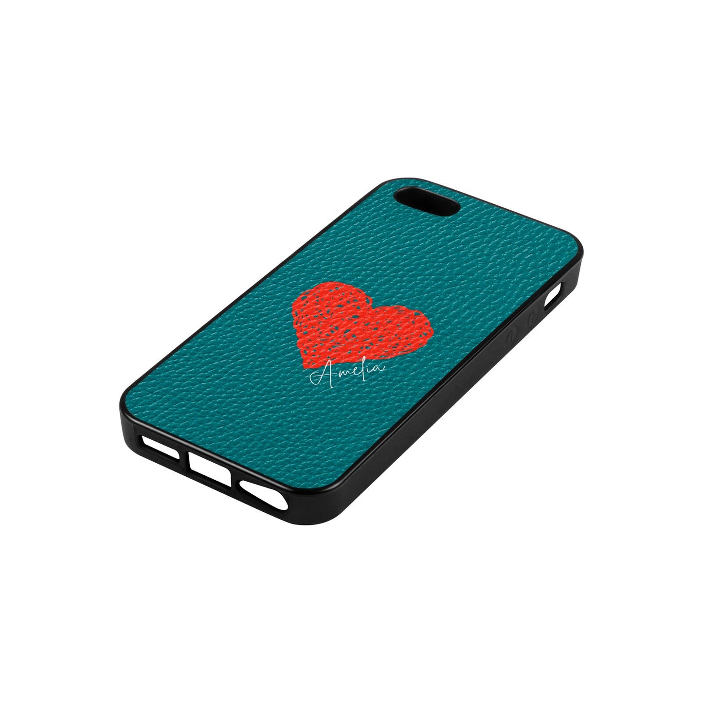 Custom Red Heart Green Pebble Leather iPhone 5 Case Side Angle