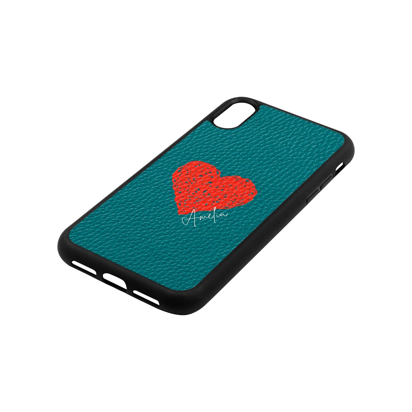 Custom Red Heart Green Pebble Leather iPhone Xr Case Side Angle