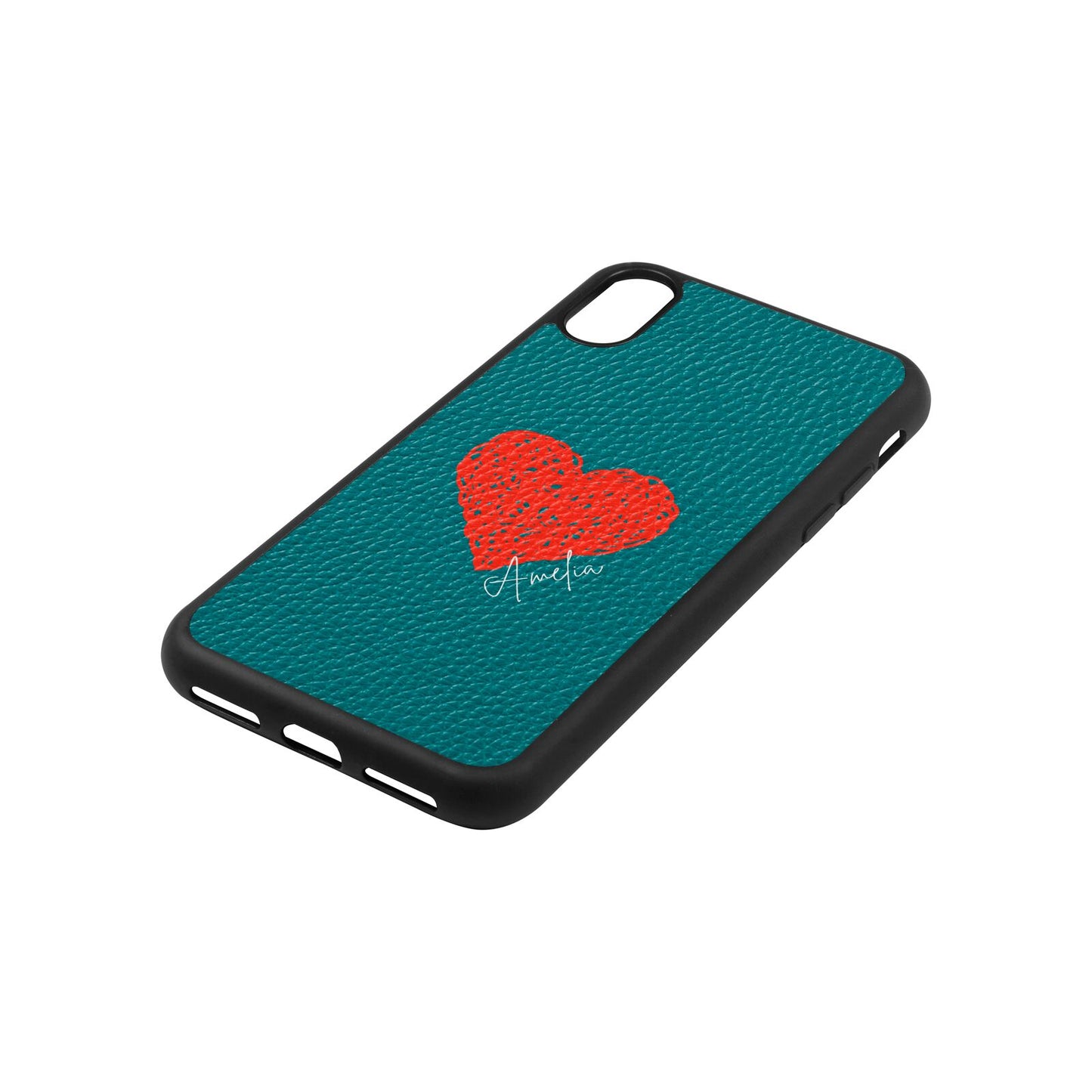 Custom Red Heart Green Pebble Leather iPhone Xs Case Side Angle