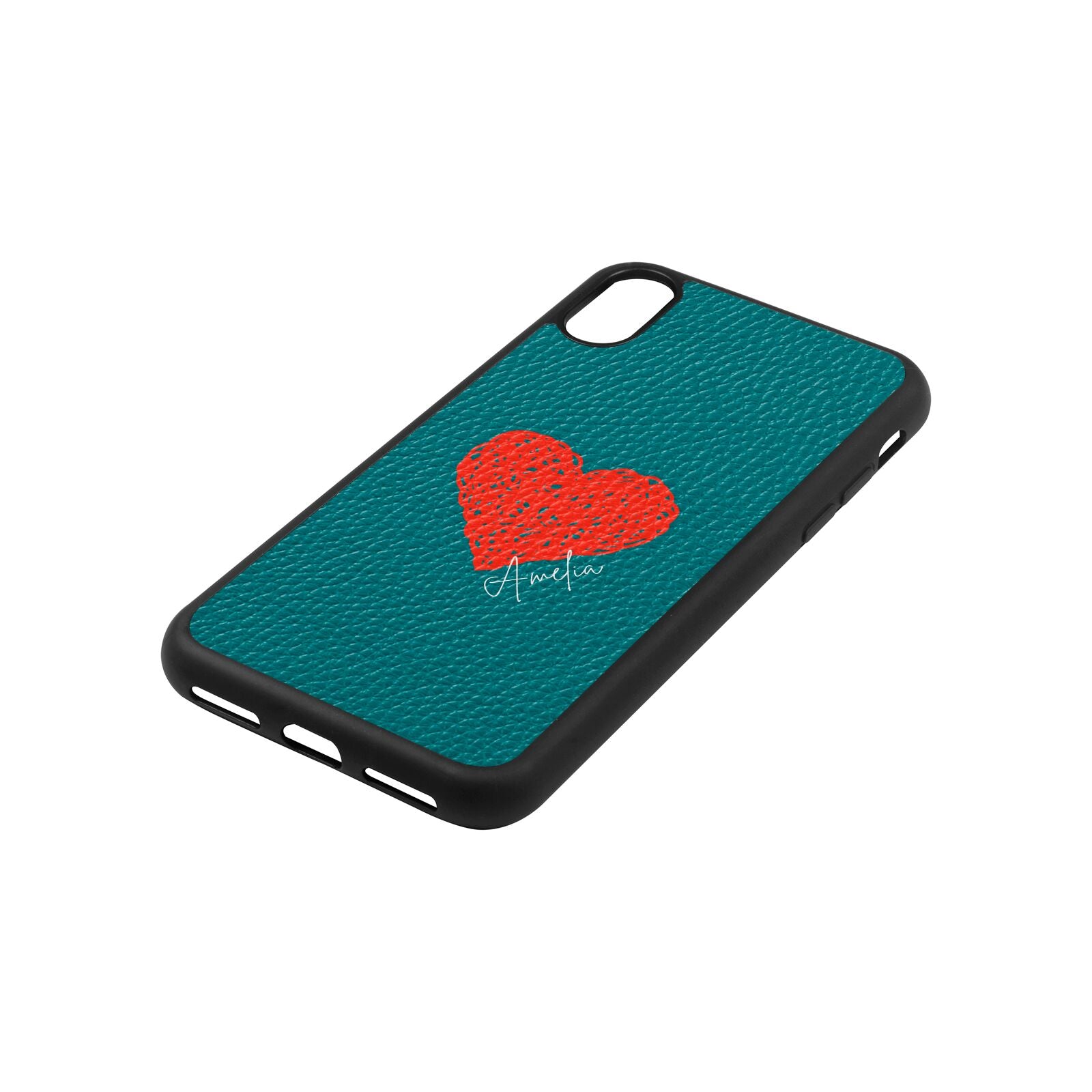 Custom Red Heart Green Pebble Leather iPhone Xs Case Side Angle