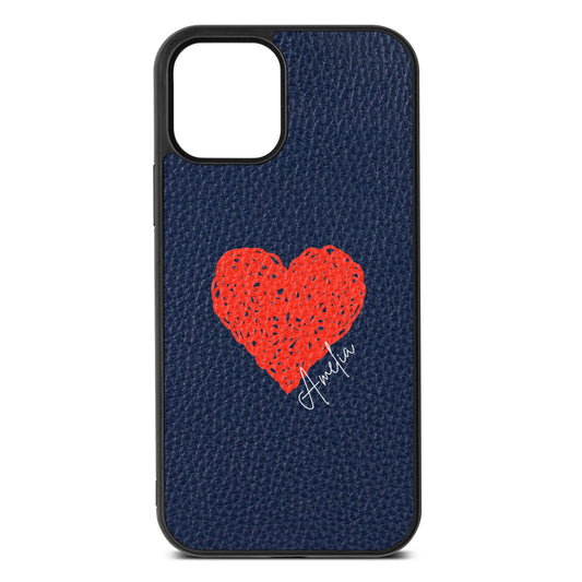 Custom Red Heart Navy Blue Pebble Leather iPhone 12 Case