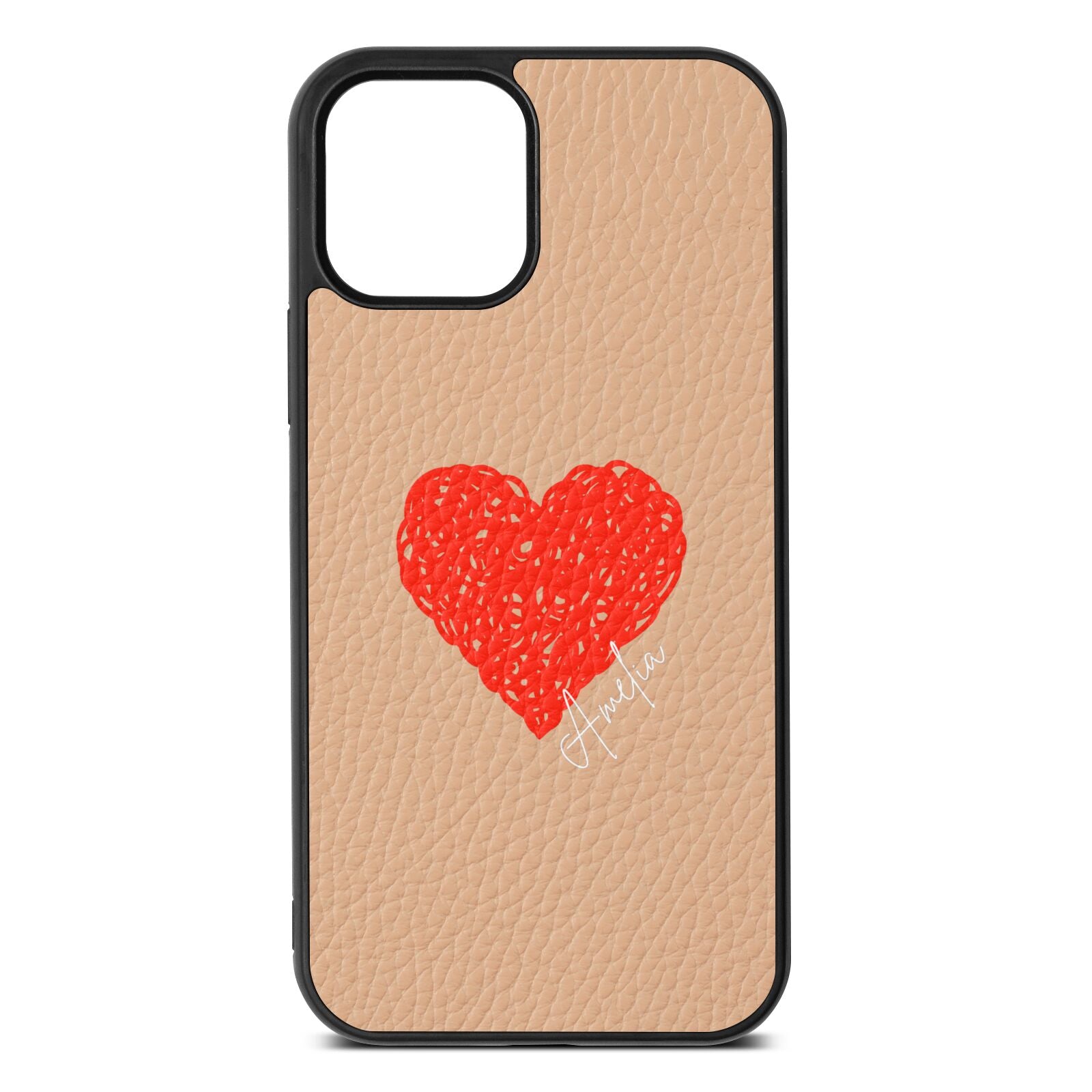 Custom Red Heart Nude Pebble Leather iPhone 12 Case