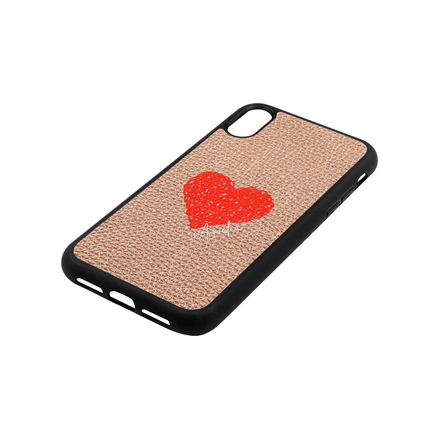 Custom Red Heart Rose Gold Pebble Leather iPhone Xr Case Side Angle