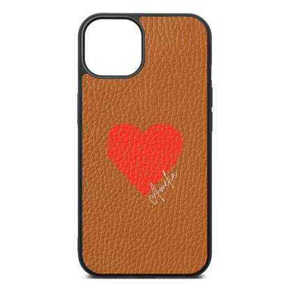 Custom Red Heart Tan Pebble Leather iPhone 13 Case