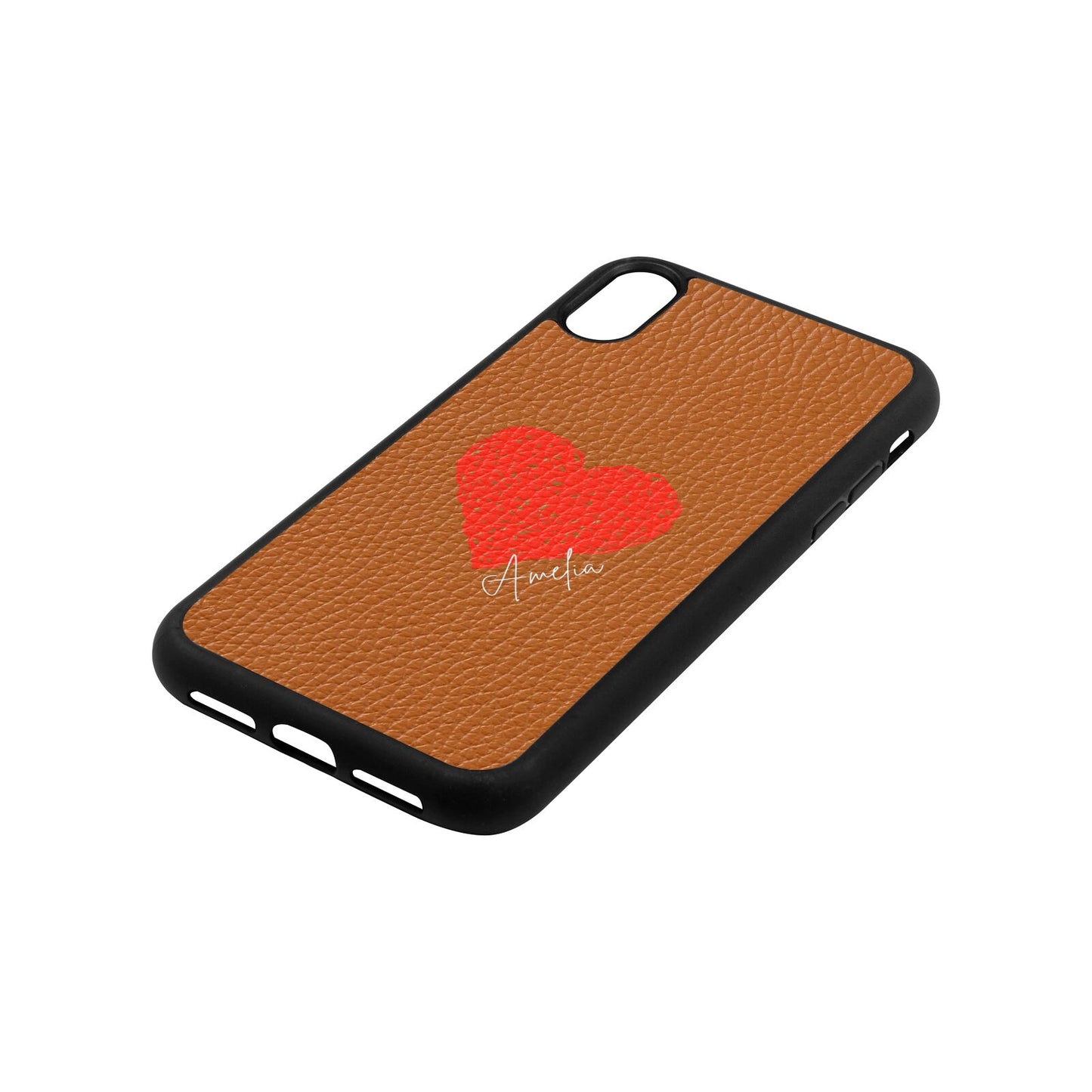 Custom Red Heart Tan Pebble Leather iPhone Xr Case Side Angle