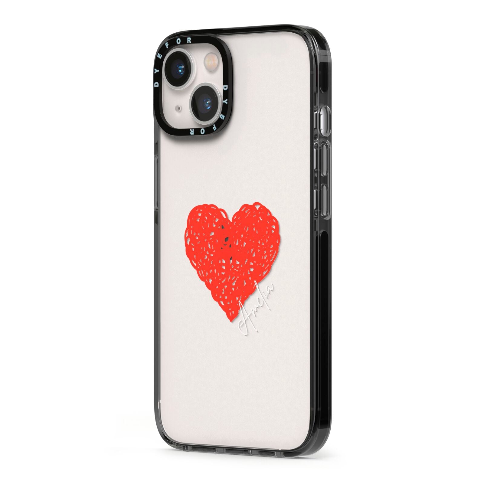 Custom Red Heart iPhone 13 Black Impact Case Side Angle on Silver phone