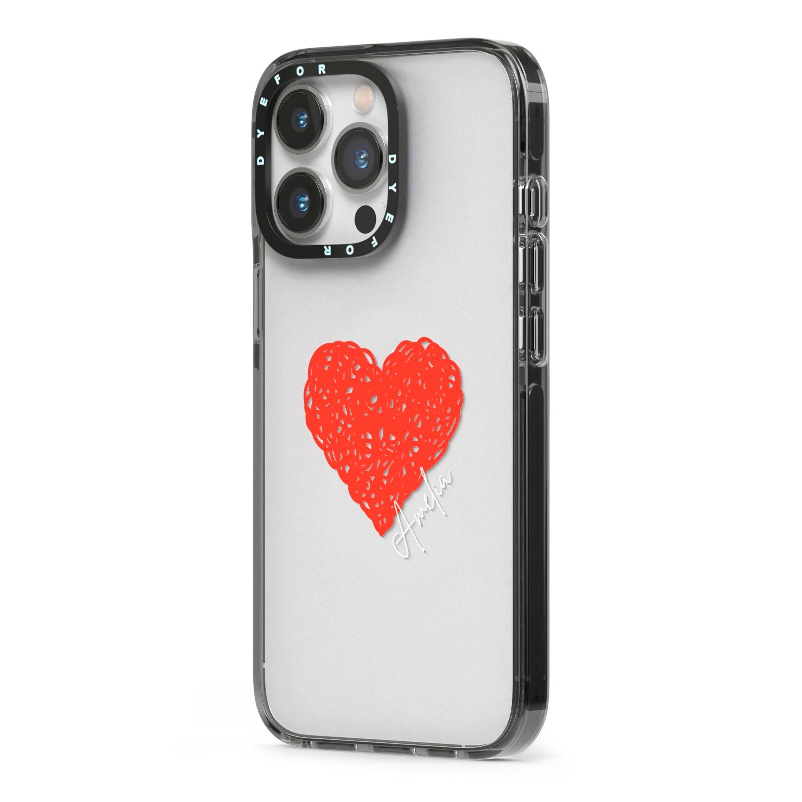 Custom Red Heart iPhone 13 Pro Black Impact Case Side Angle on Silver phone