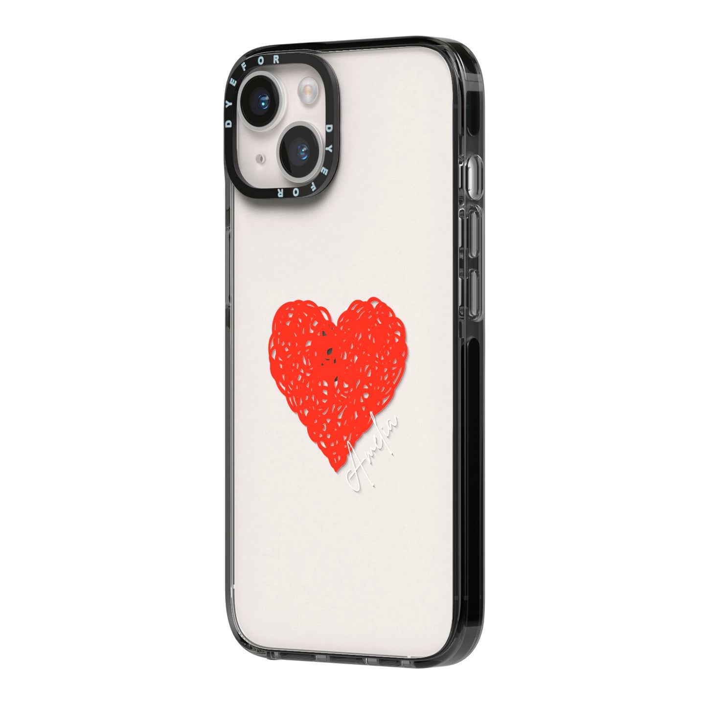 Custom Red Heart iPhone 14 Black Impact Case Side Angle on Silver phone