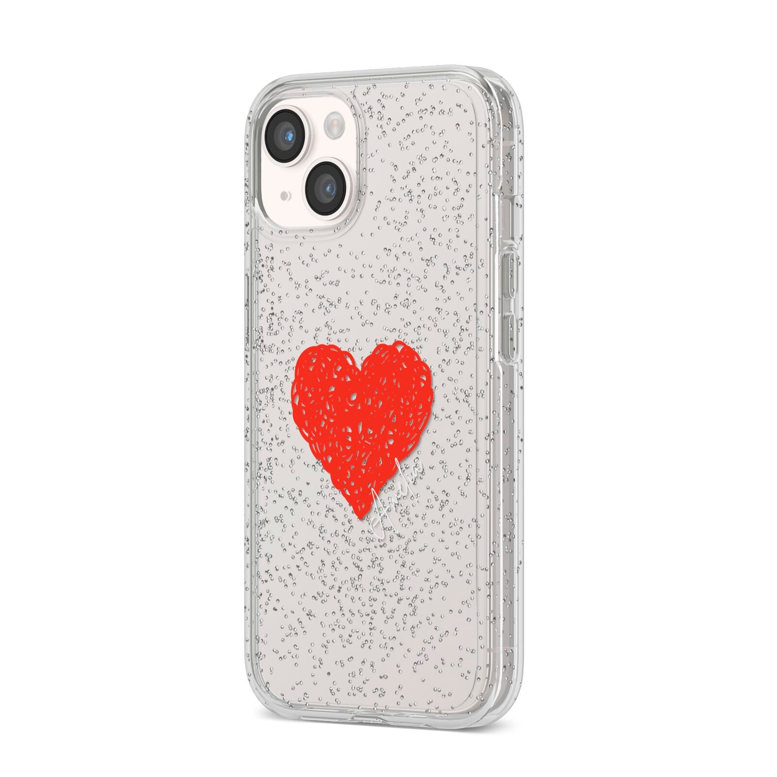 Custom Red Heart iPhone 14 Glitter Tough Case Starlight Angled Image