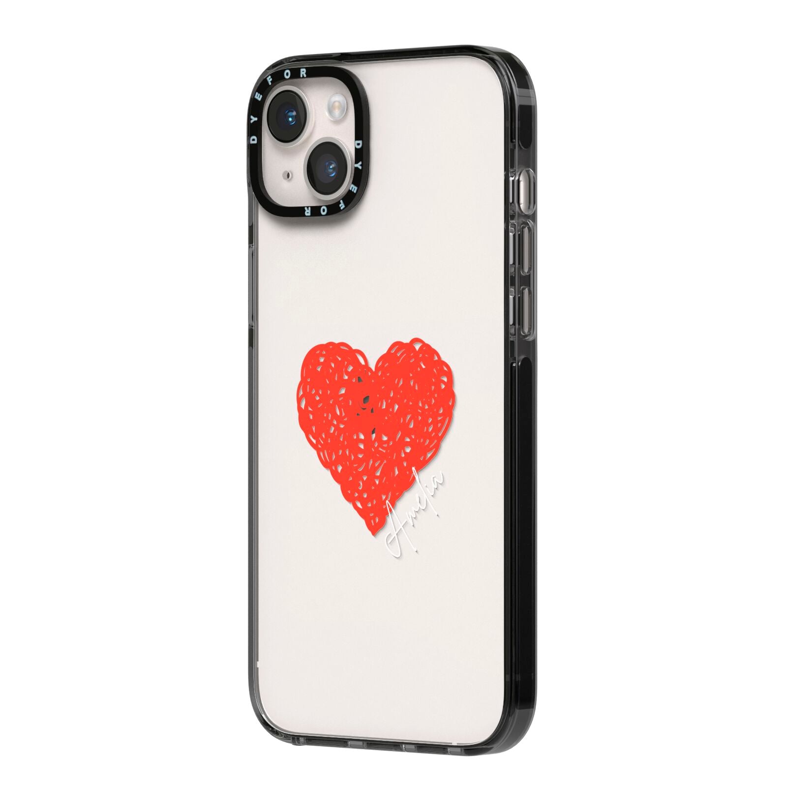 Custom Red Heart iPhone 14 Plus Black Impact Case Side Angle on Silver phone