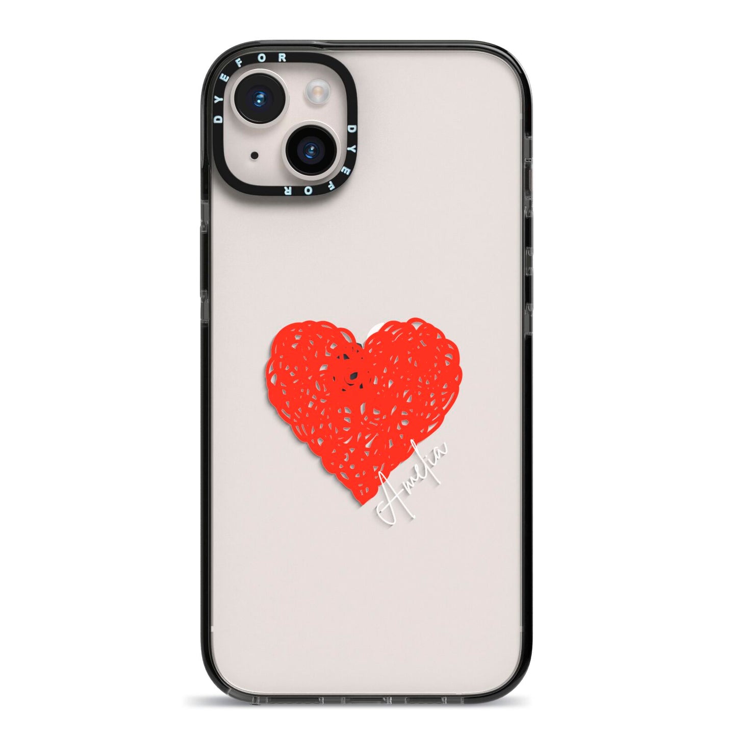 Custom Red Heart iPhone 14 Plus Black Impact Case on Silver phone