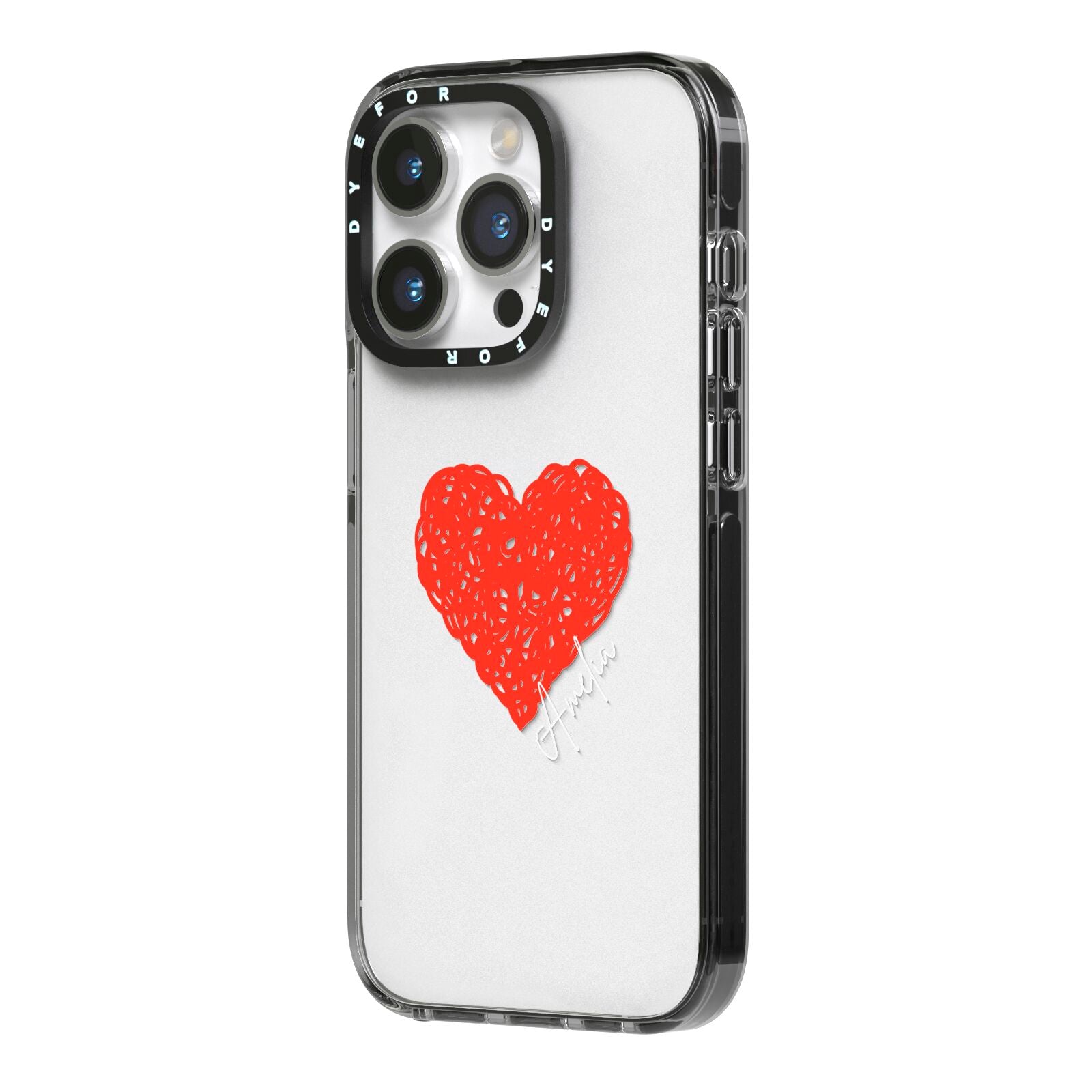 Custom Red Heart iPhone 14 Pro Black Impact Case Side Angle on Silver phone