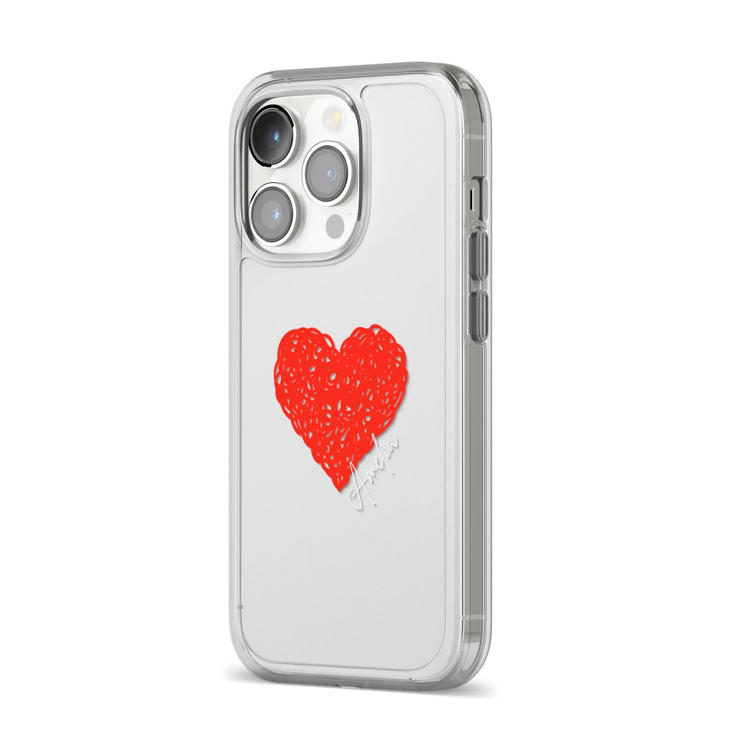 Custom Red Heart iPhone 14 Pro Clear Tough Case Silver Angled Image