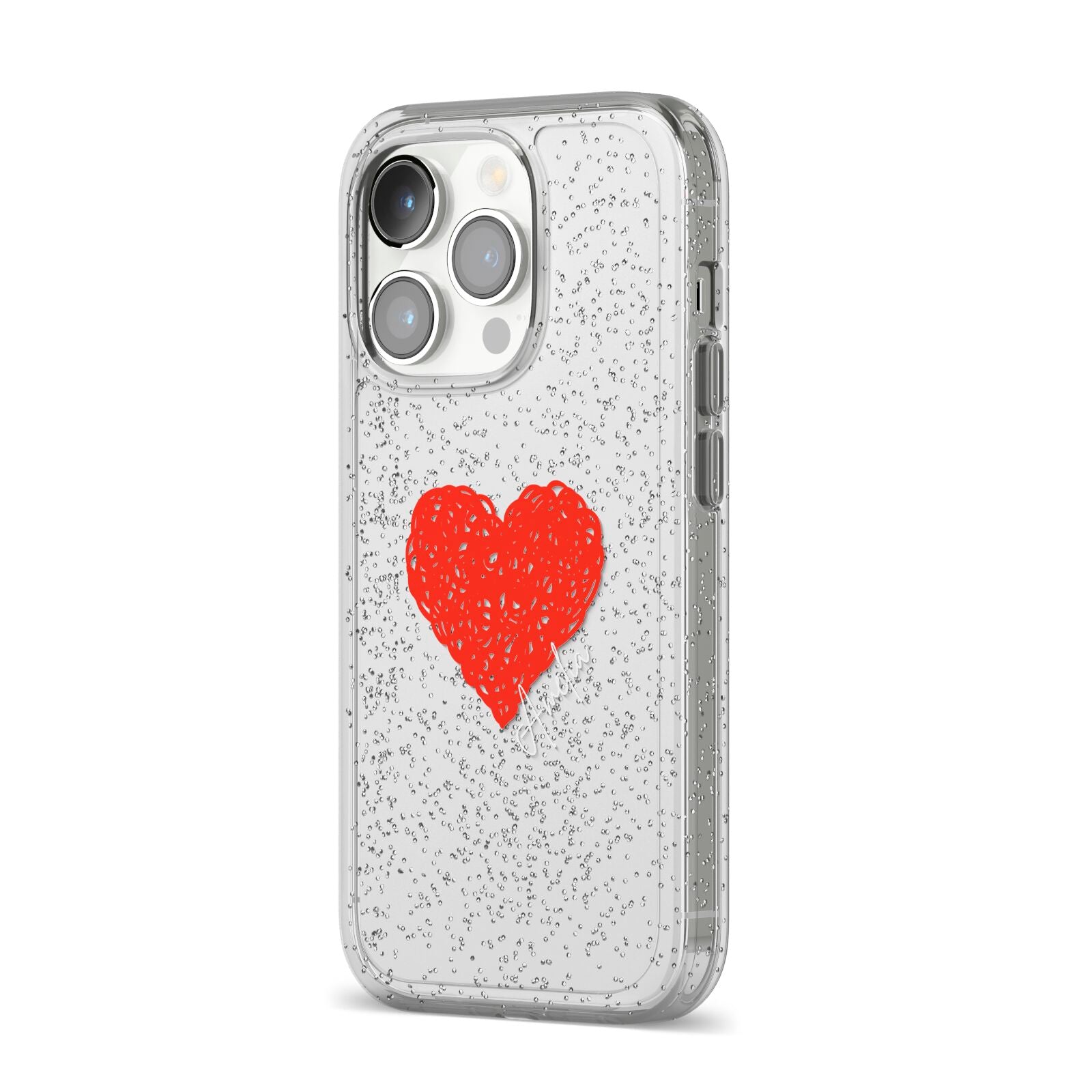 Custom Red Heart iPhone 14 Pro Glitter Tough Case Silver Angled Image