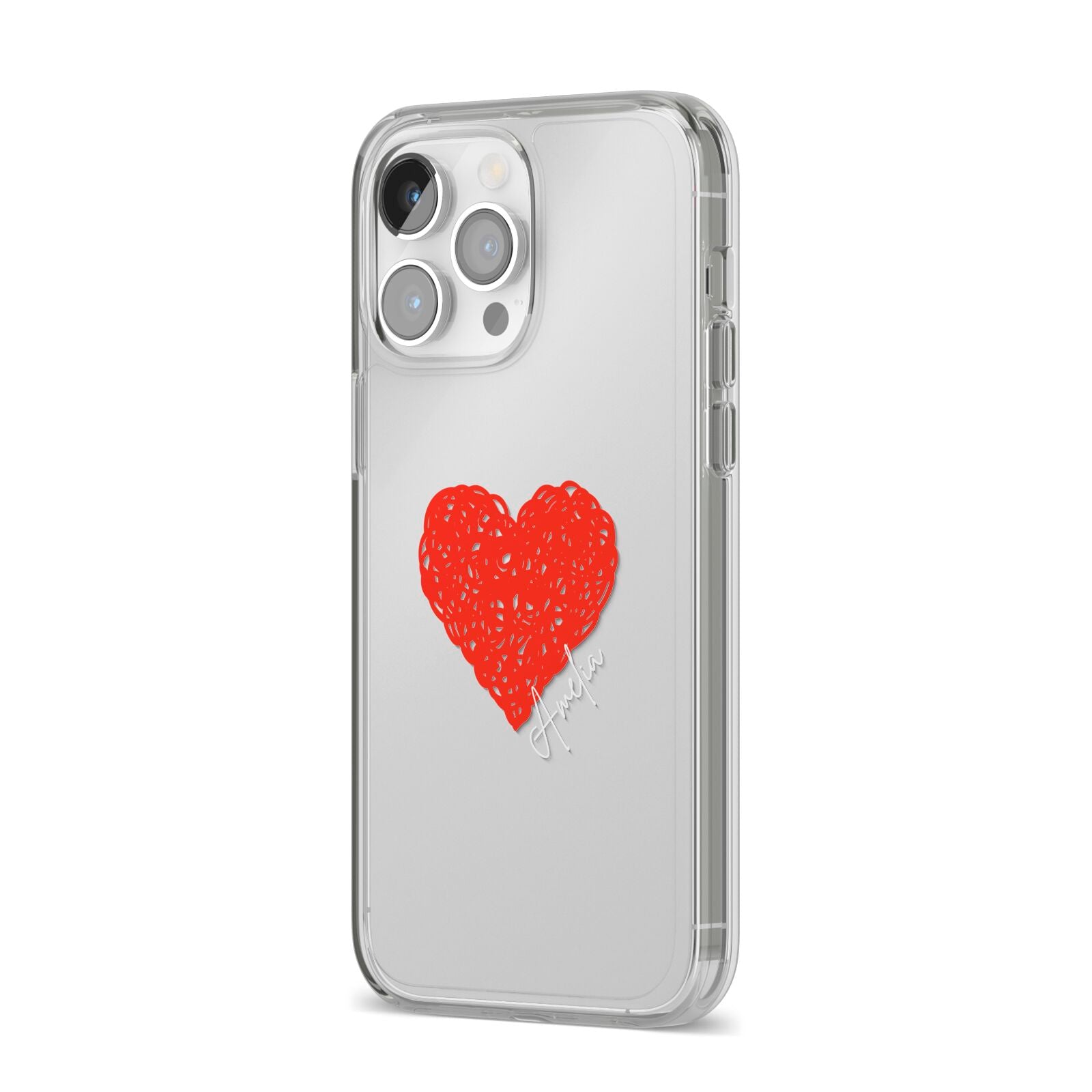 Custom Red Heart iPhone 14 Pro Max Clear Tough Case Silver Angled Image