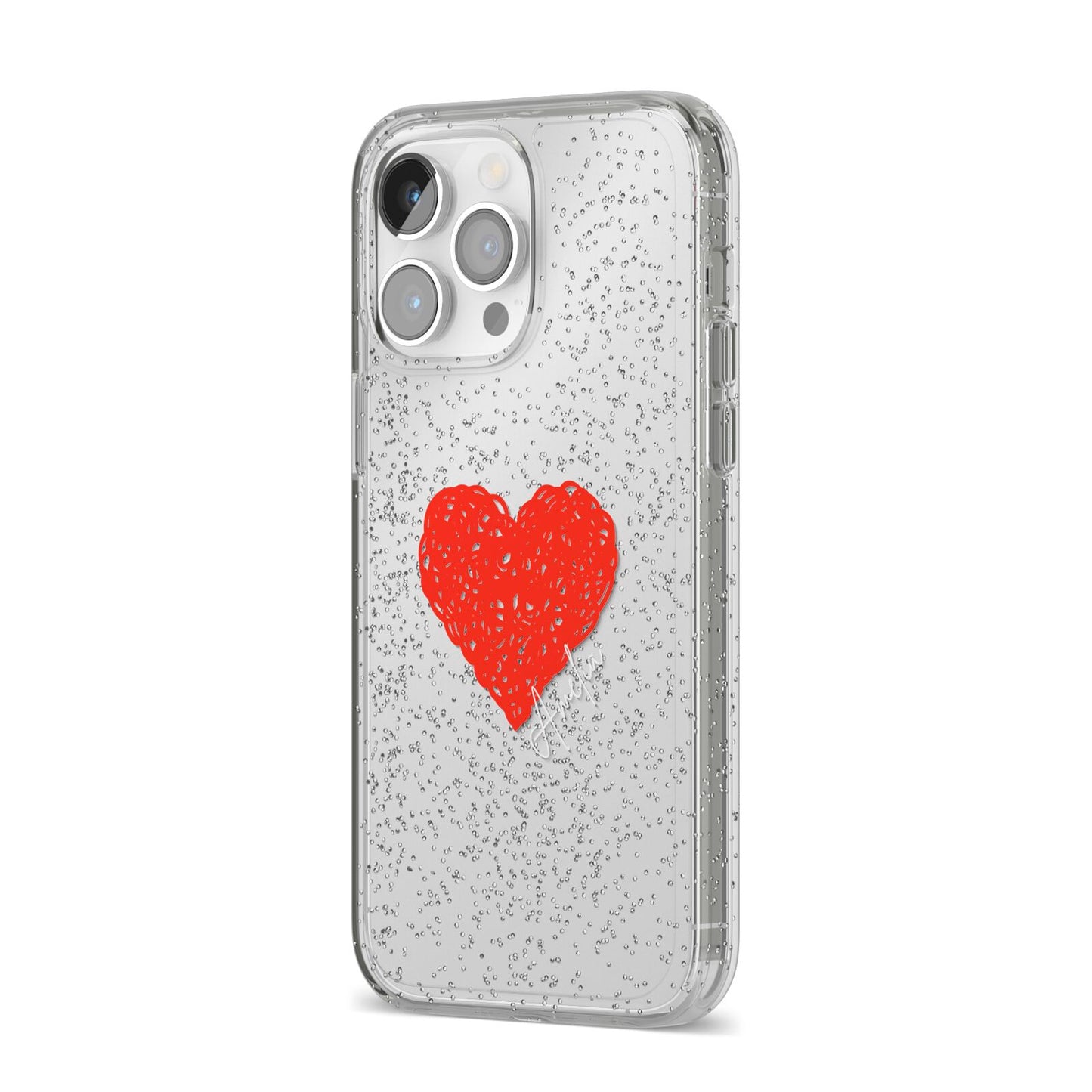 Custom Red Heart iPhone 14 Pro Max Glitter Tough Case Silver Angled Image