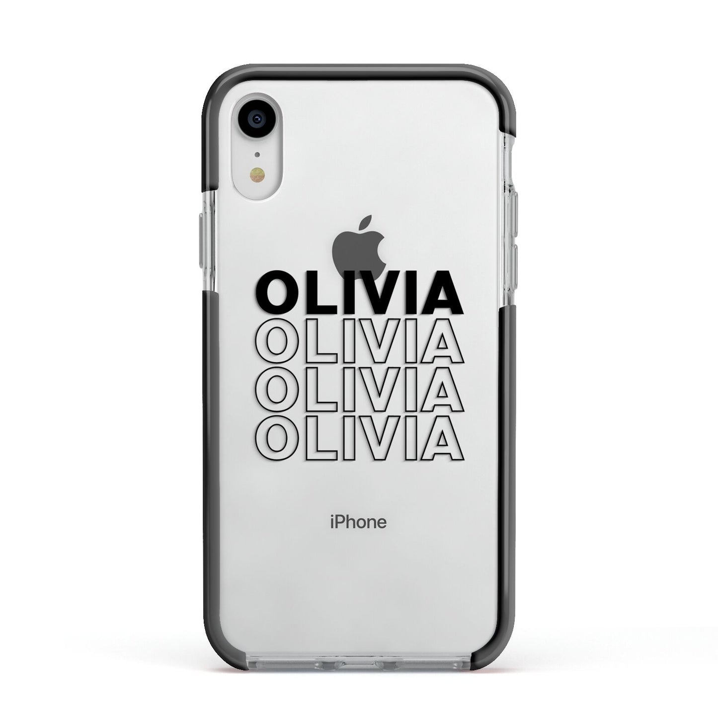 Custom Repeat Name Apple iPhone XR Impact Case Black Edge on Silver Phone