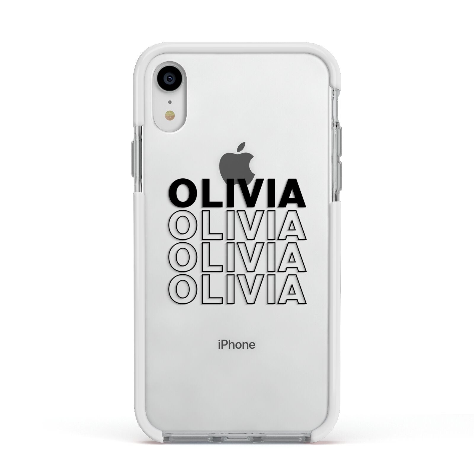 Custom Repeat Name Apple iPhone XR Impact Case White Edge on Silver Phone