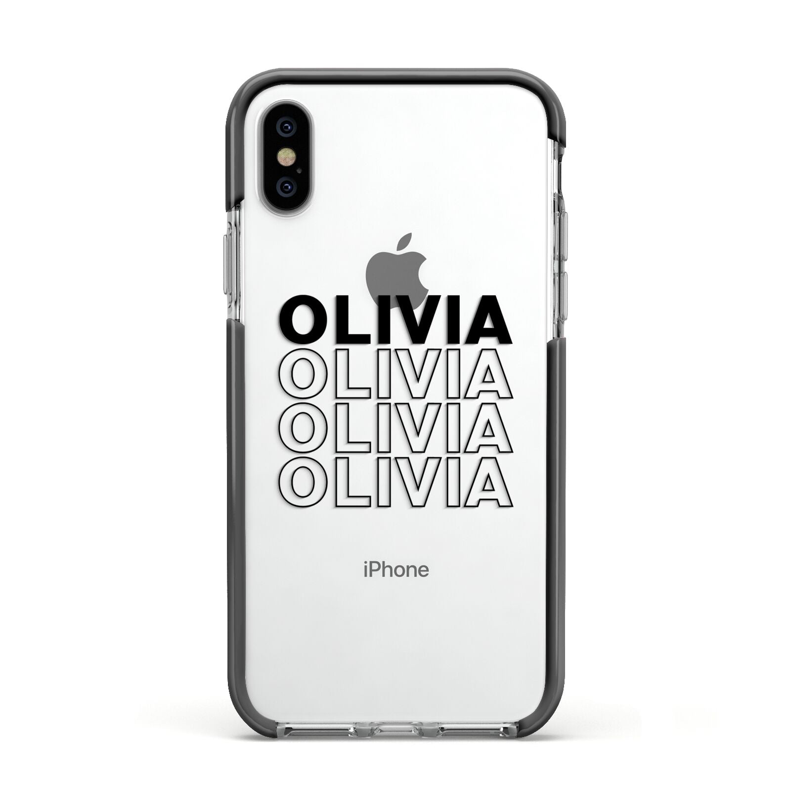 Custom Repeat Name Apple iPhone Xs Impact Case Black Edge on Silver Phone