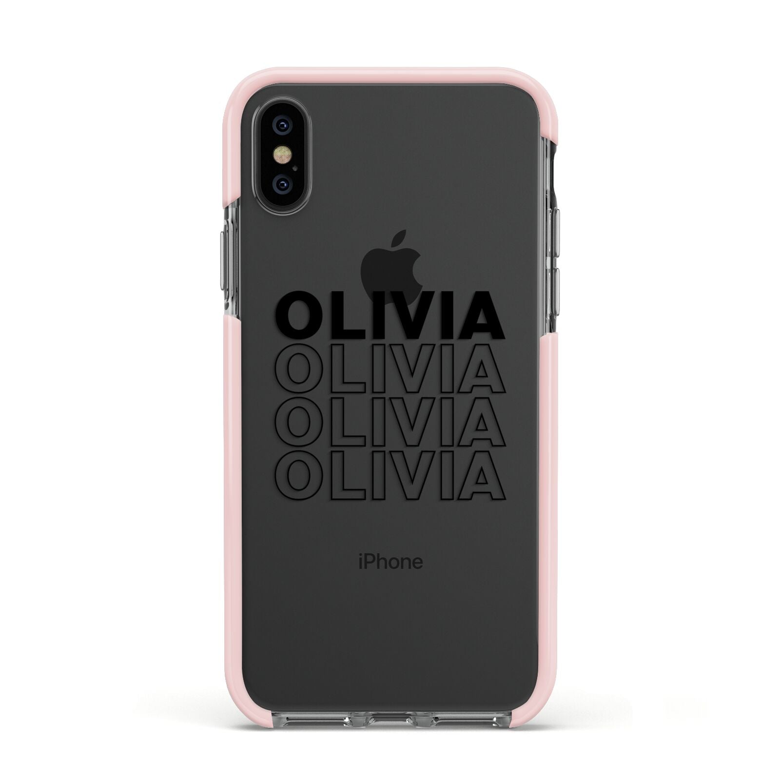 Custom Repeat Name Apple iPhone Xs Impact Case Pink Edge on Black Phone