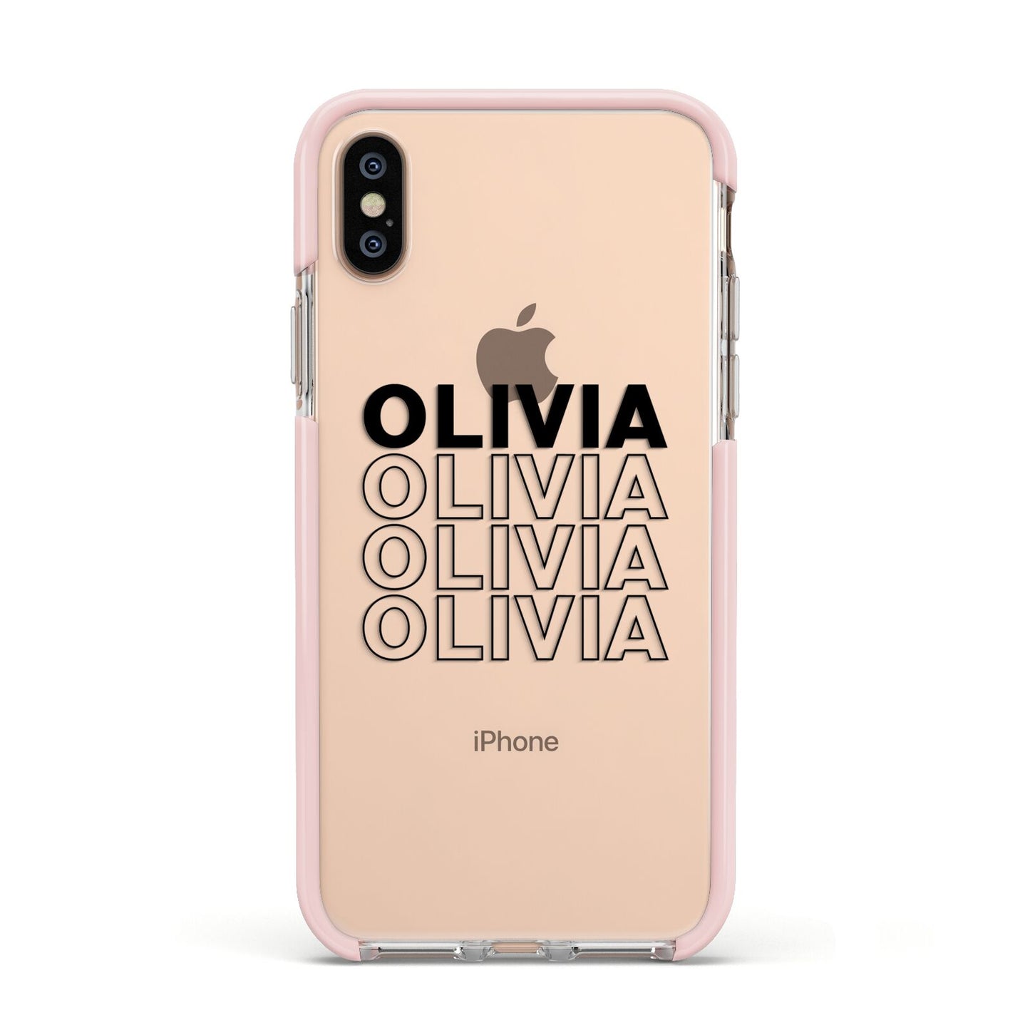 Custom Repeat Name Apple iPhone Xs Impact Case Pink Edge on Gold Phone