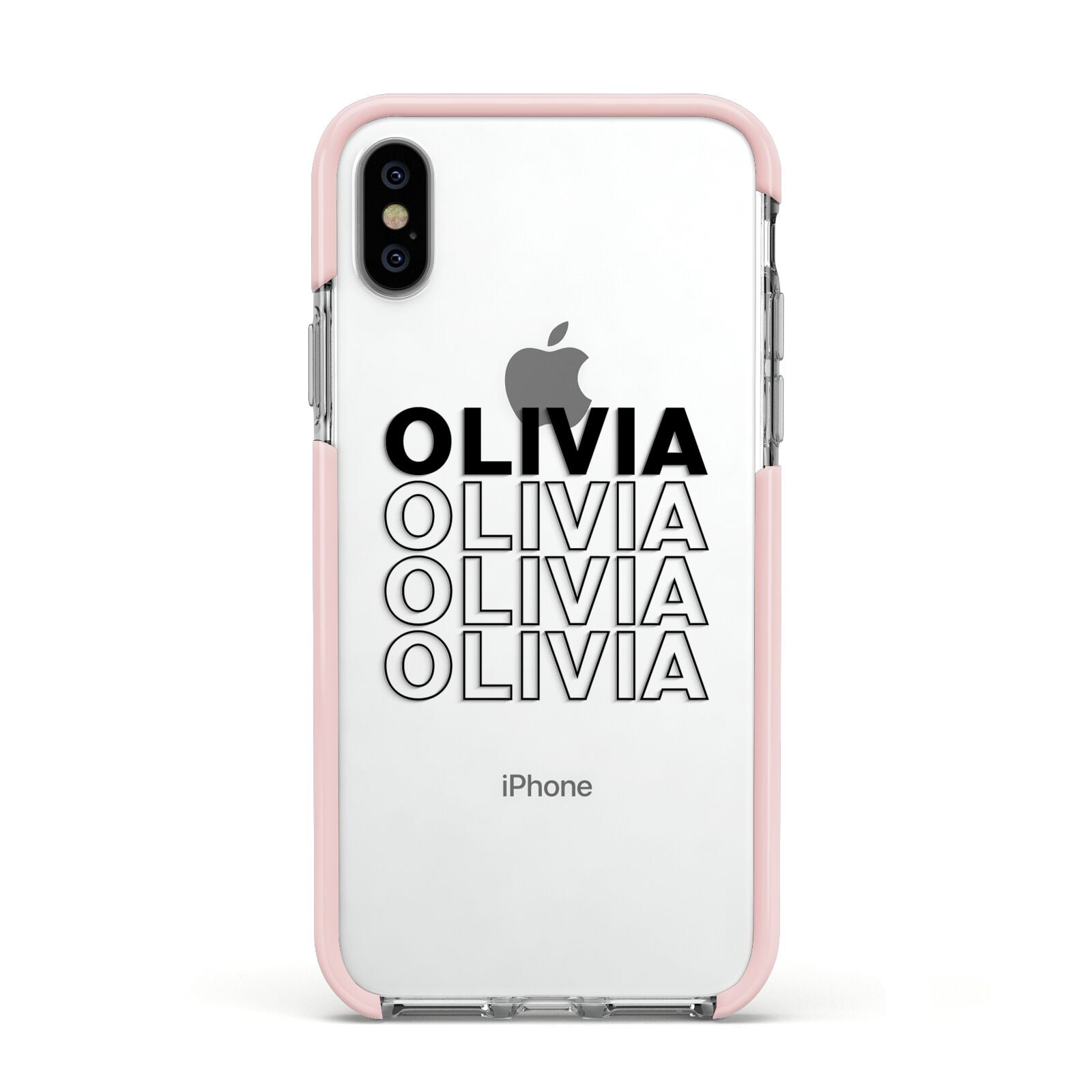 Custom Repeat Name Apple iPhone Xs Impact Case Pink Edge on Silver Phone