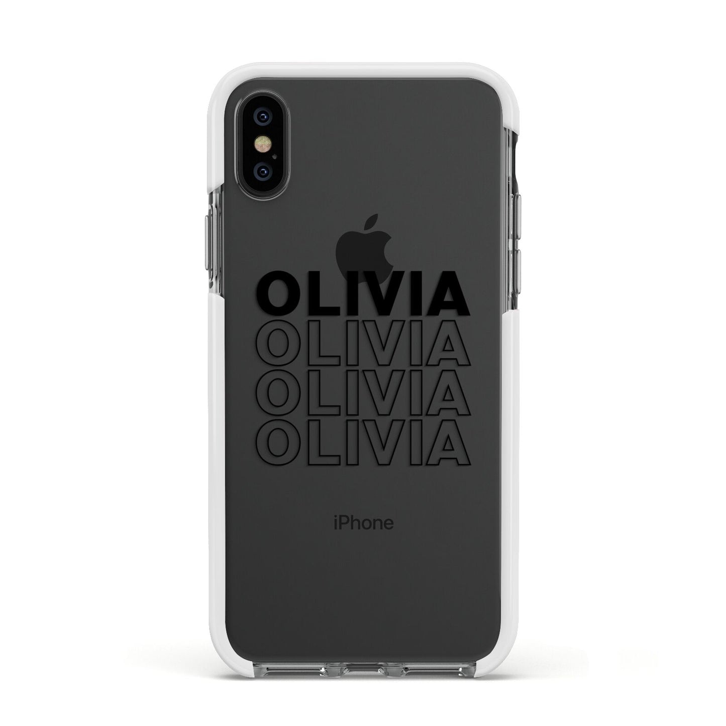 Custom Repeat Name Apple iPhone Xs Impact Case White Edge on Black Phone