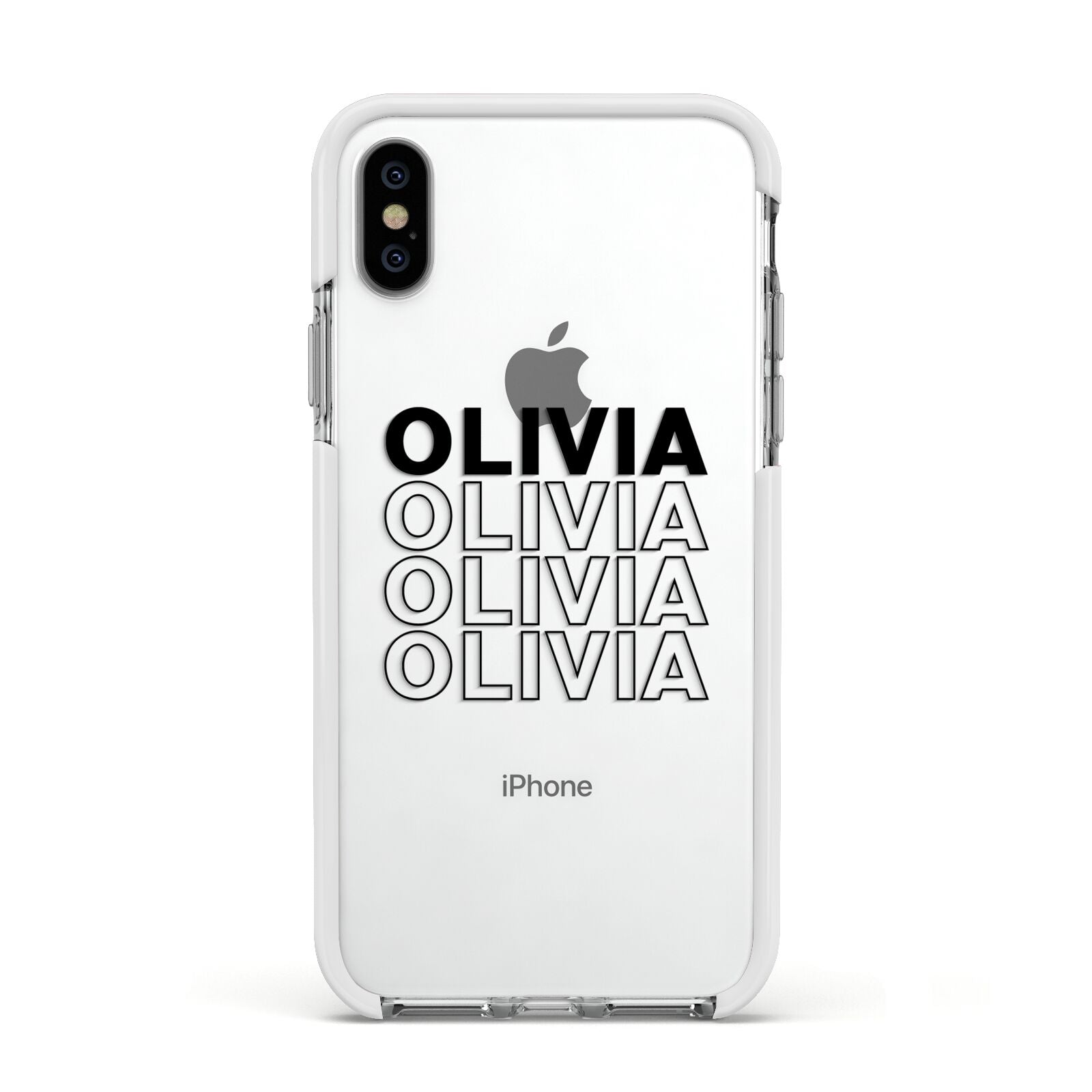 Custom Repeat Name Apple iPhone Xs Impact Case White Edge on Silver Phone