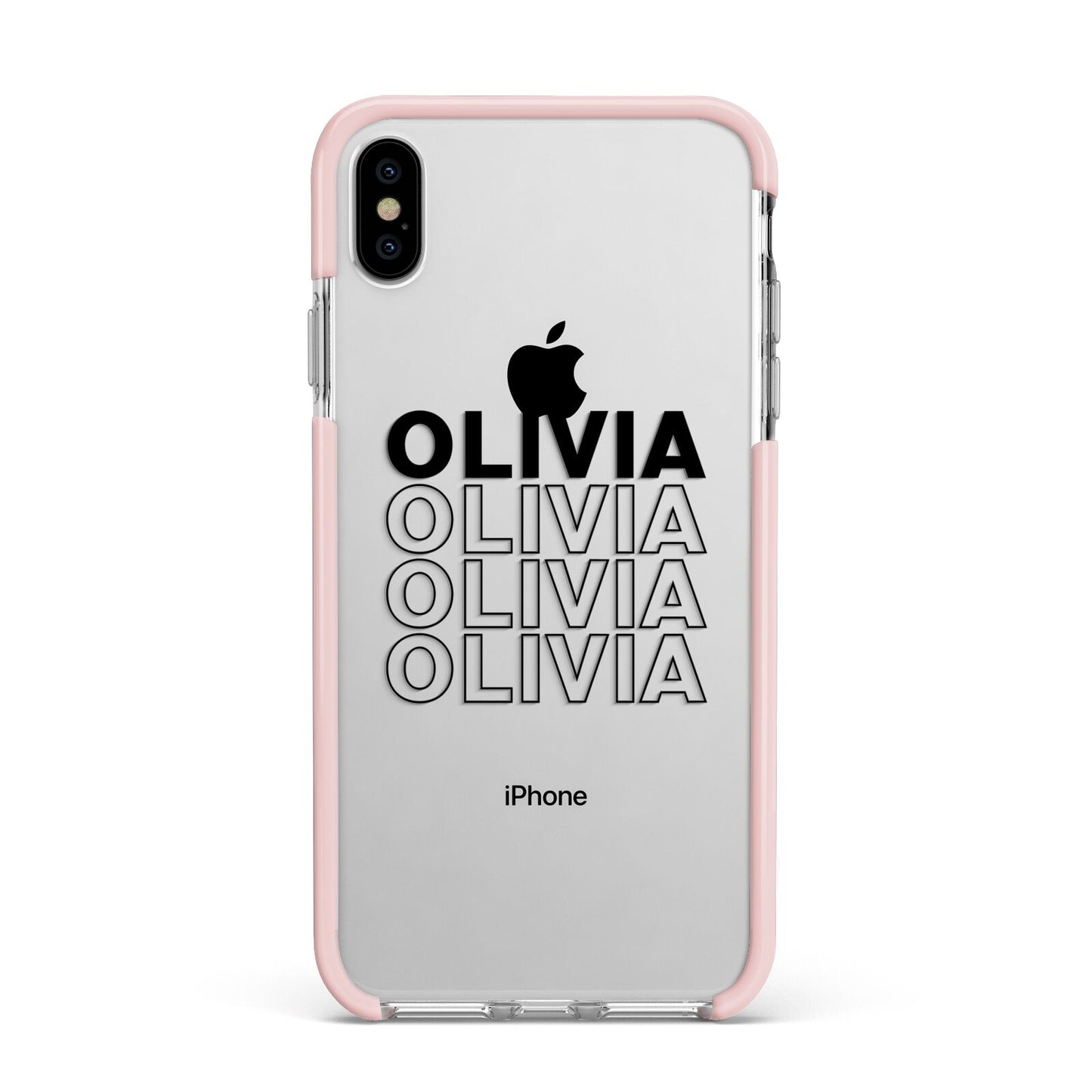 Custom Repeat Name Apple iPhone Xs Max Impact Case Pink Edge on Silver Phone