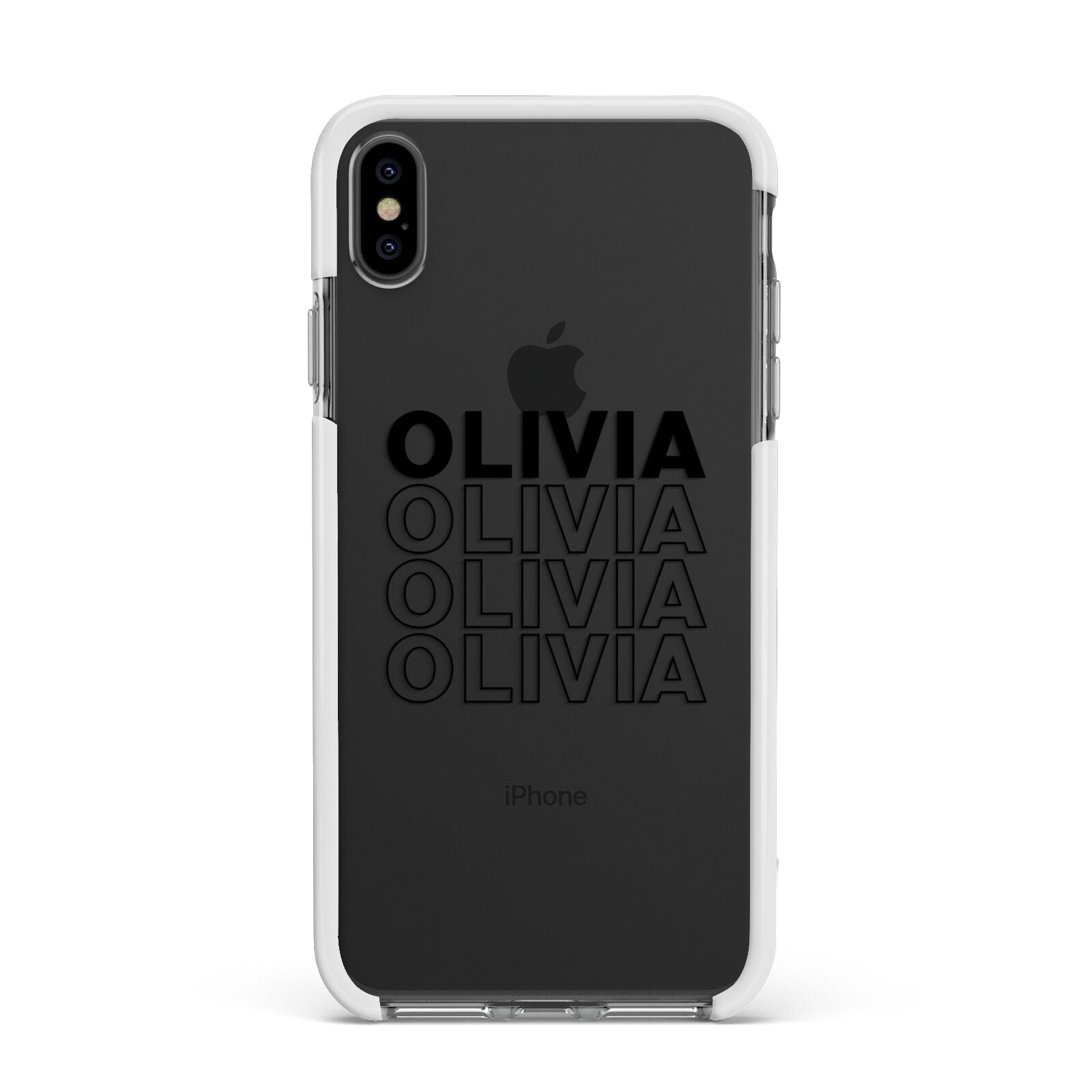 Custom Repeat Name Apple iPhone Xs Max Impact Case White Edge on Black Phone