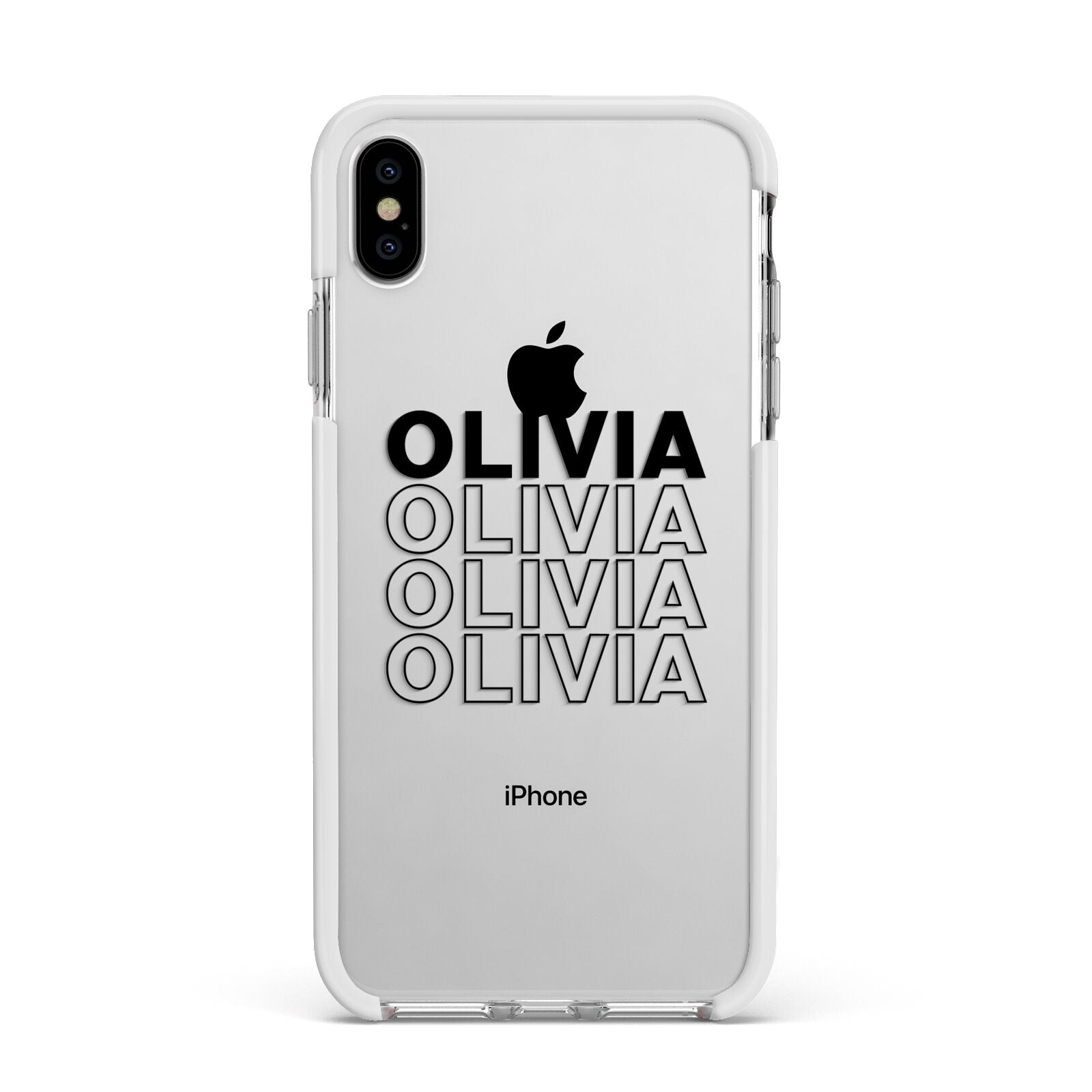 Custom Repeat Name Apple iPhone Xs Max Impact Case White Edge on Silver Phone