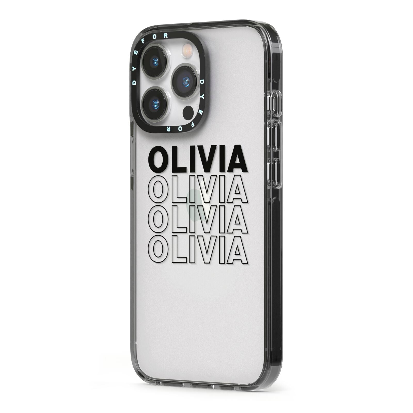 Custom Repeat Name iPhone 13 Pro Black Impact Case Side Angle on Silver phone