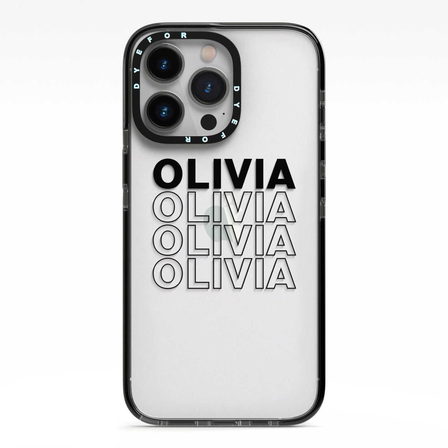 Custom Repeat Name iPhone 13 Pro Black Impact Case on Silver phone