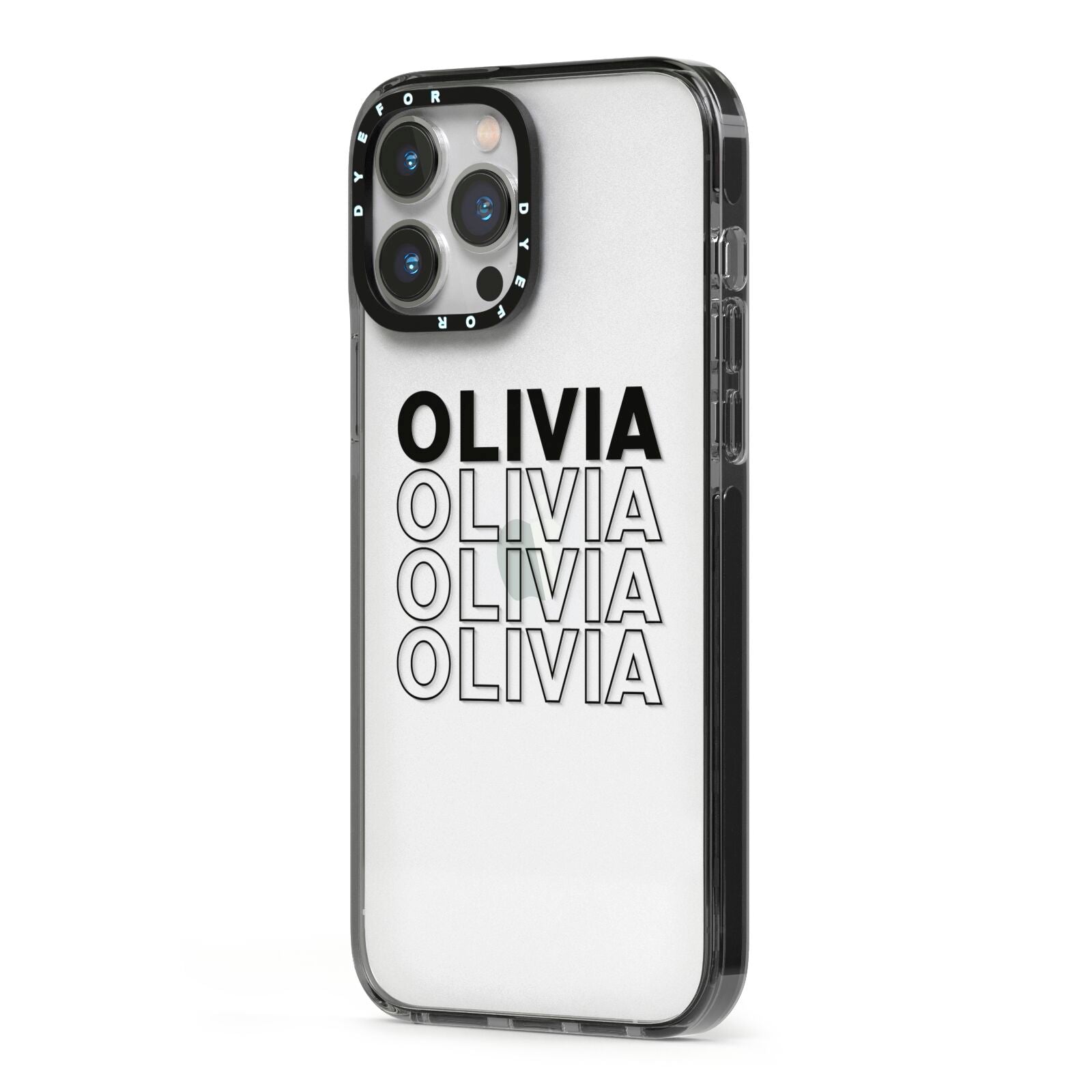 Custom Repeat Name iPhone 13 Pro Max Black Impact Case Side Angle on Silver phone