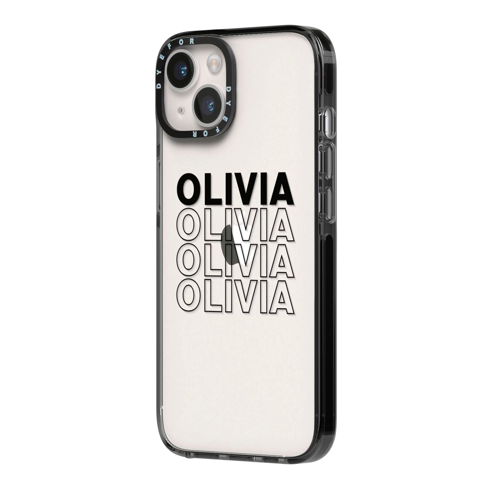 Custom Repeat Name iPhone 14 Black Impact Case Side Angle on Silver phone