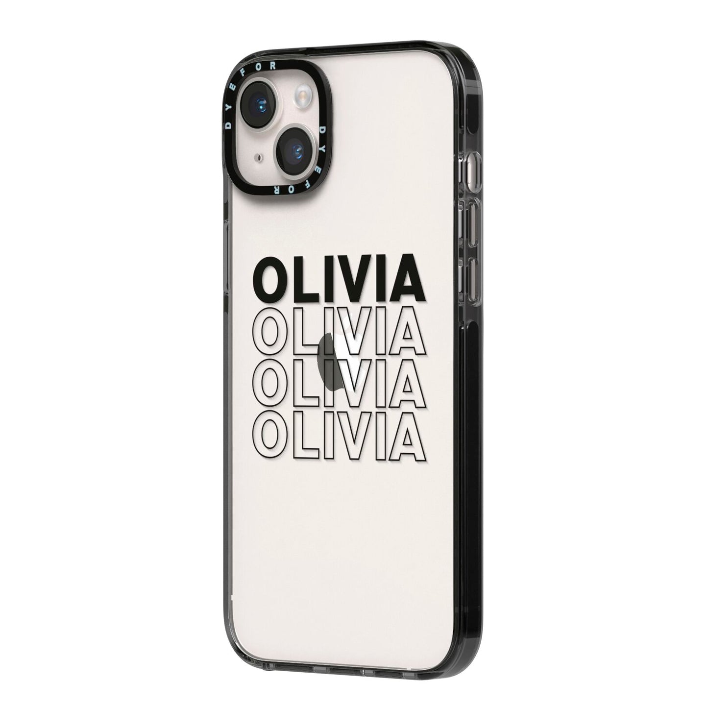 Custom Repeat Name iPhone 14 Plus Black Impact Case Side Angle on Silver phone