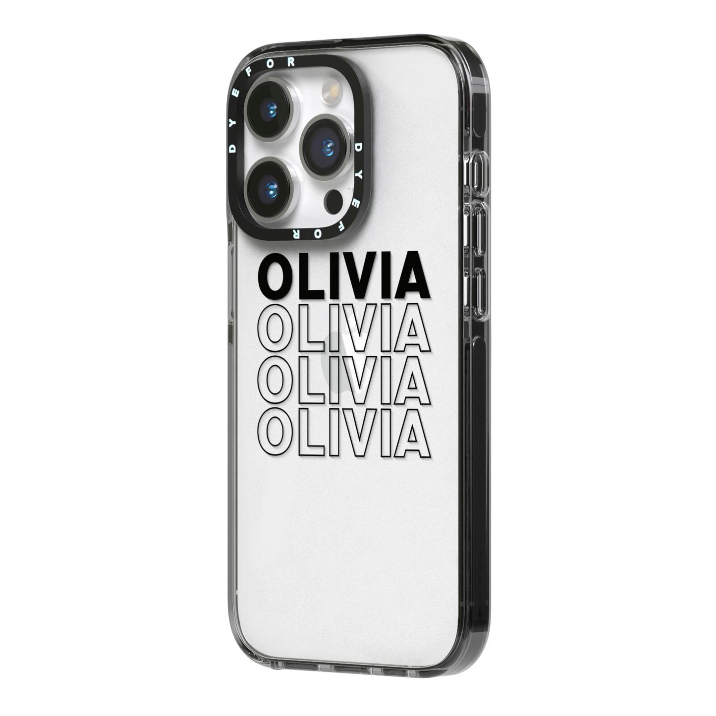 Custom Repeat Name iPhone 14 Pro Black Impact Case Side Angle on Silver phone