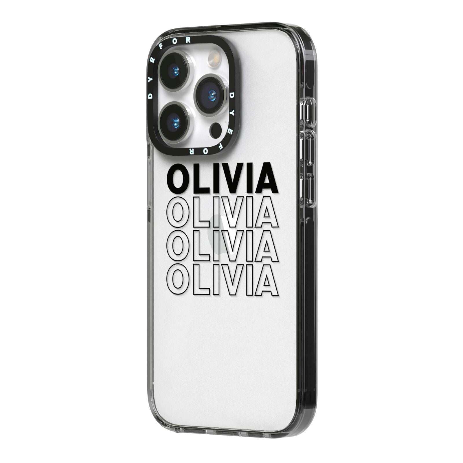 Custom Repeat Name iPhone 14 Pro Black Impact Case Side Angle on Silver phone